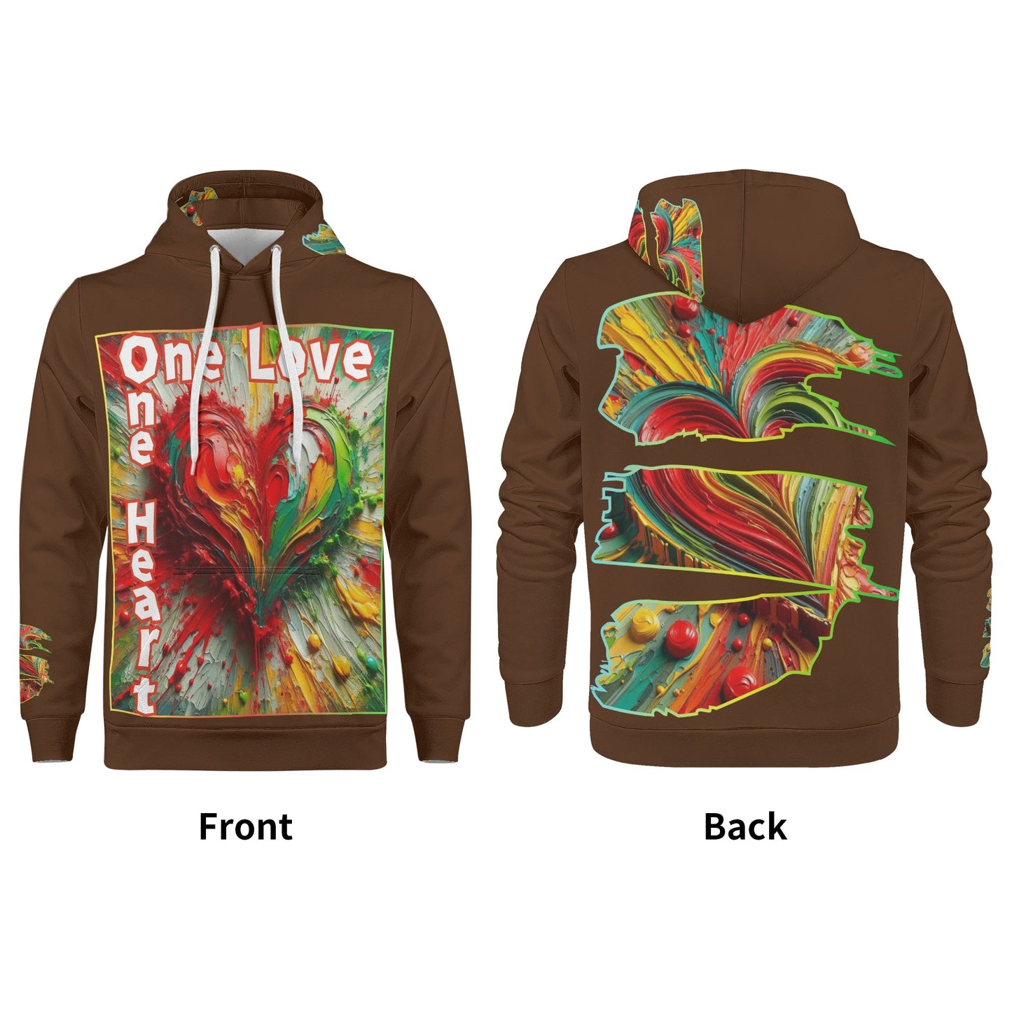 Mens All Over Print Warm Velvet Lined Hoodie "One Love One Heart"