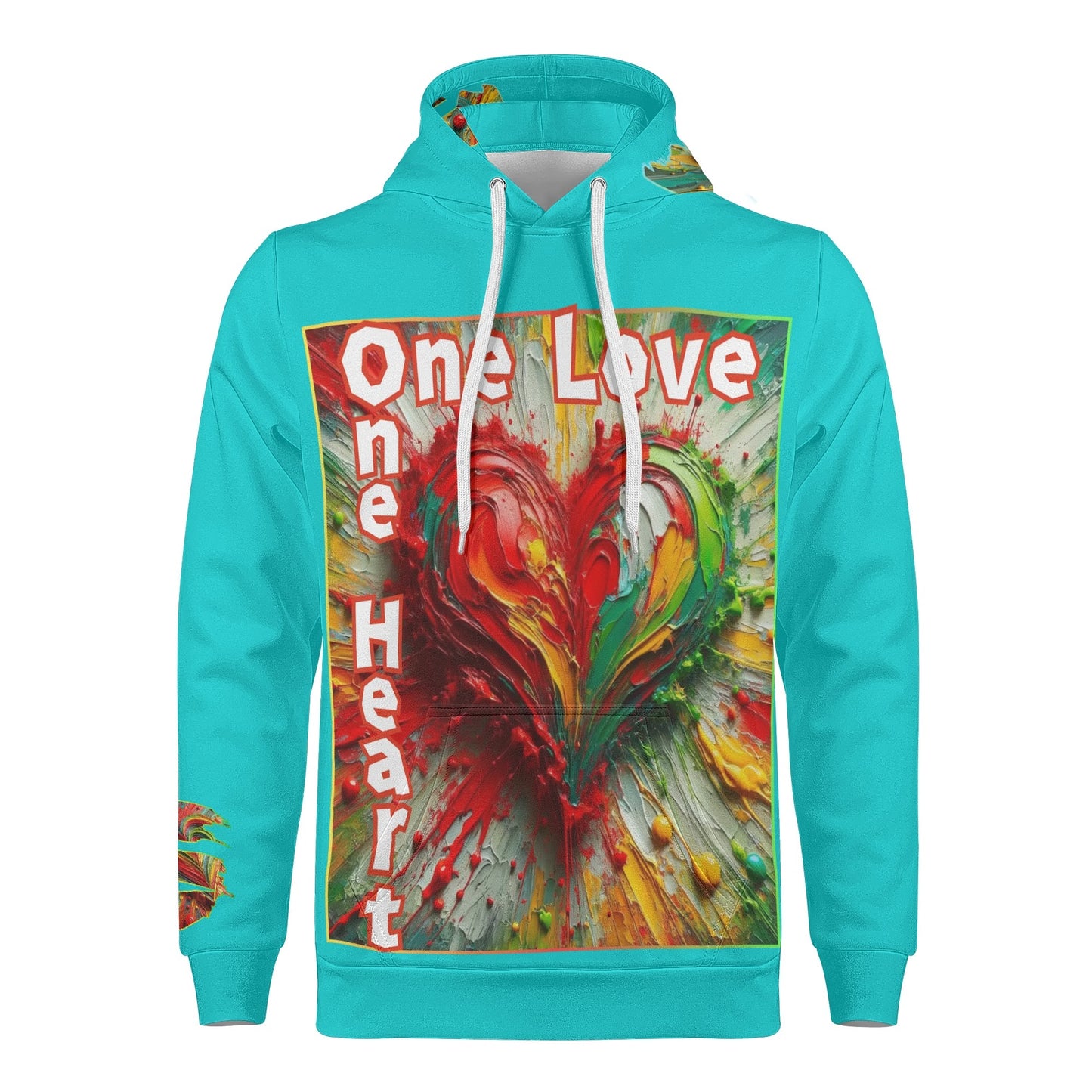 Mens All Over Print Warm Velvet Lined Hoodie "One Love One Heart"