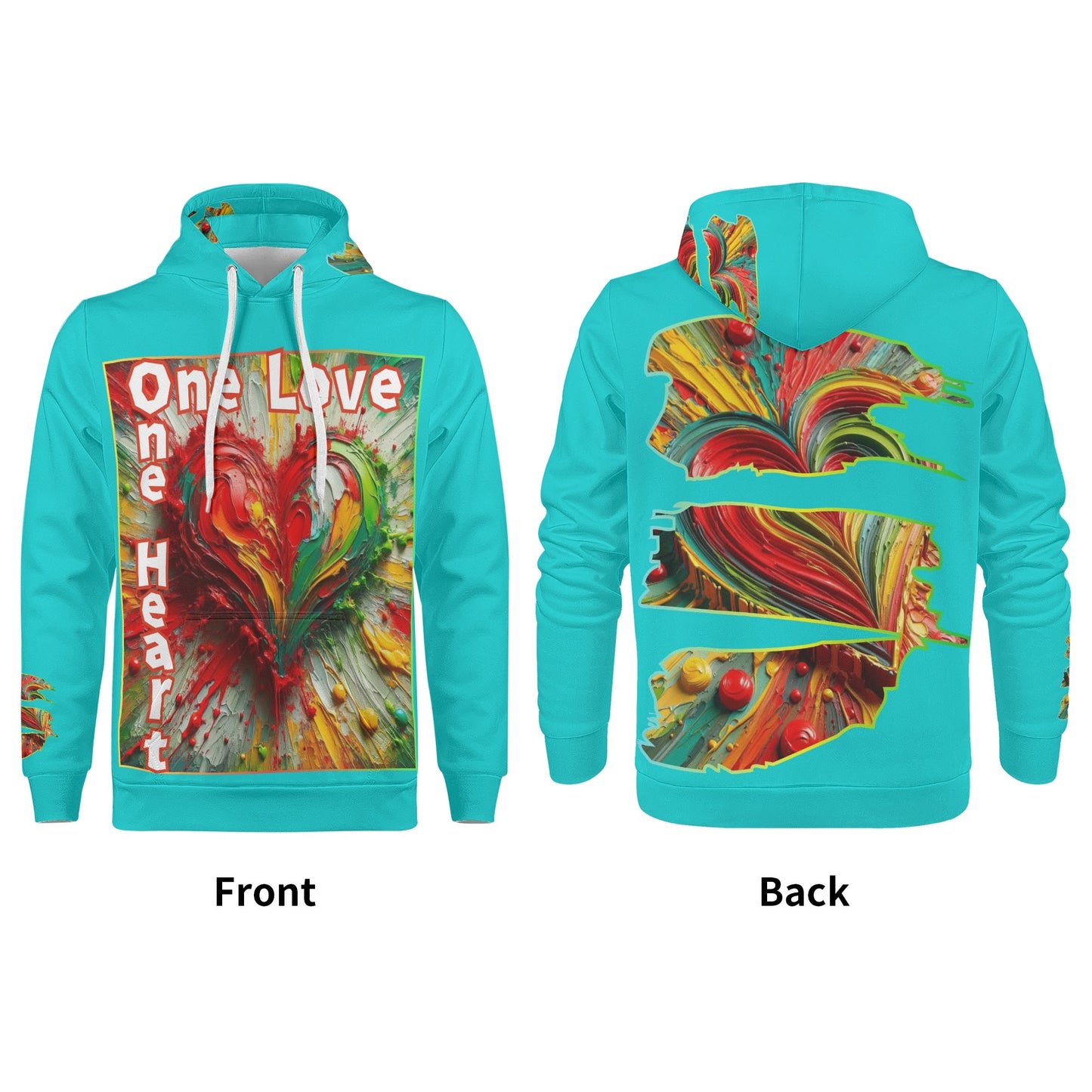 Mens All Over Print Warm Velvet Lined Hoodie "One Love One Heart"