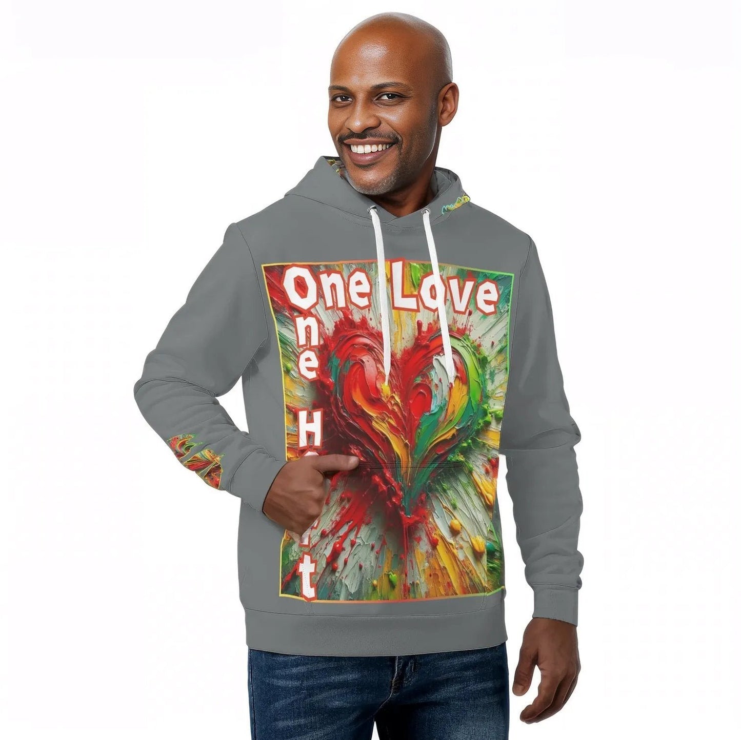 Mens All Over Print Warm Velvet Lined Hoodie "One Love One Heart"