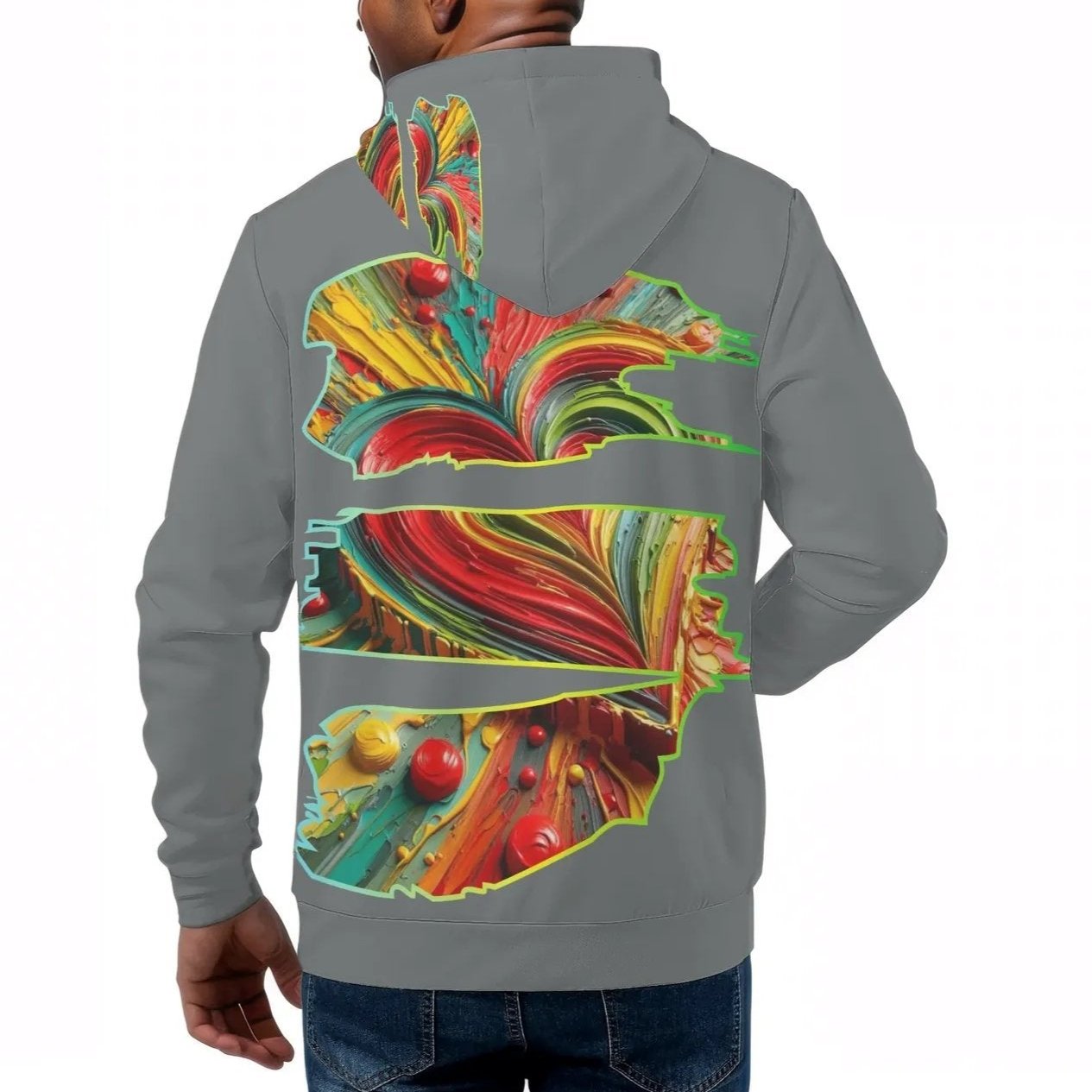 Mens All Over Print Warm Velvet Lined Hoodie "One Love One Heart"