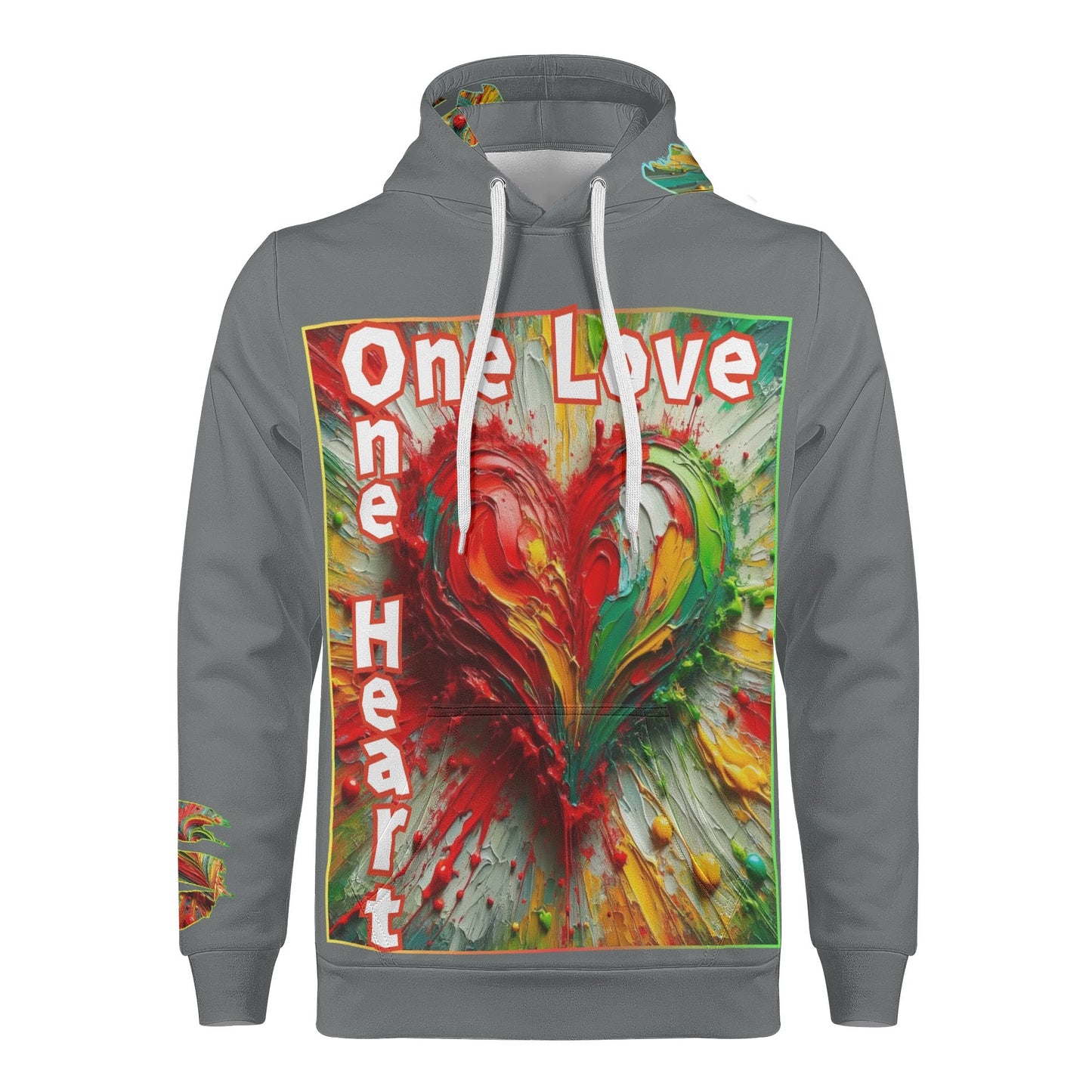 Mens All Over Print Warm Velvet Lined Hoodie "One Love One Heart"