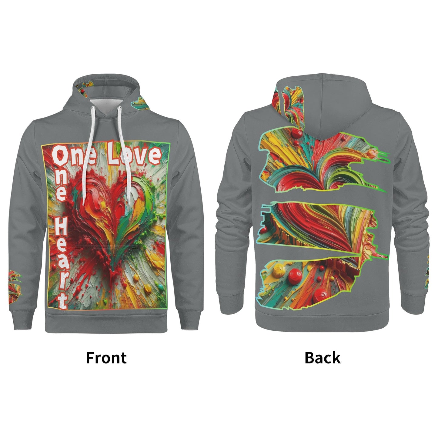 Mens All Over Print Warm Velvet Lined Hoodie "One Love One Heart"