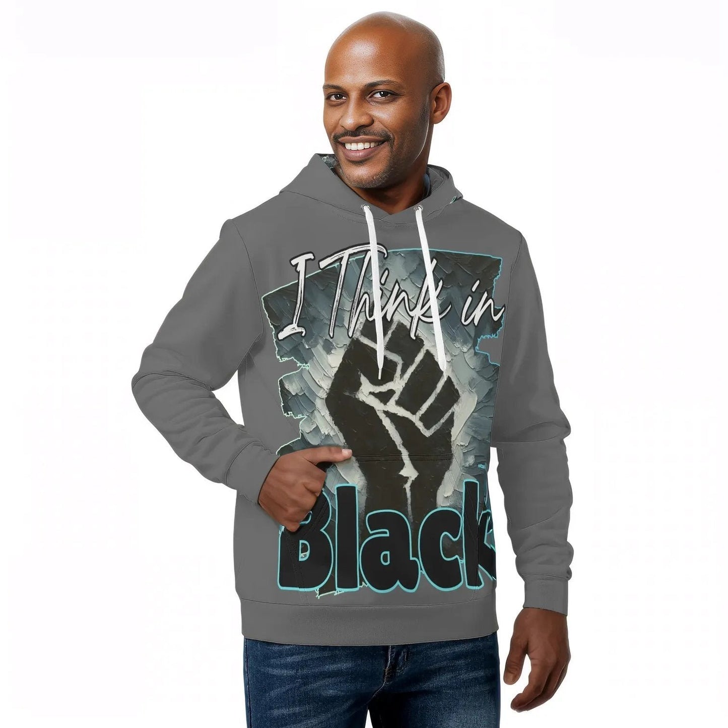 Mens All Over Print Warm Velvet Lined Hoodie "I Think in BLACK"