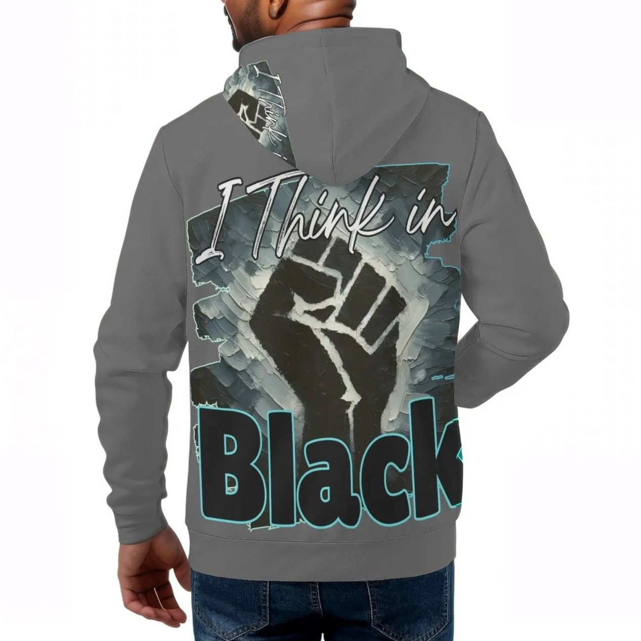 Mens All Over Print Warm Velvet Lined Hoodie "I Think in BLACK"