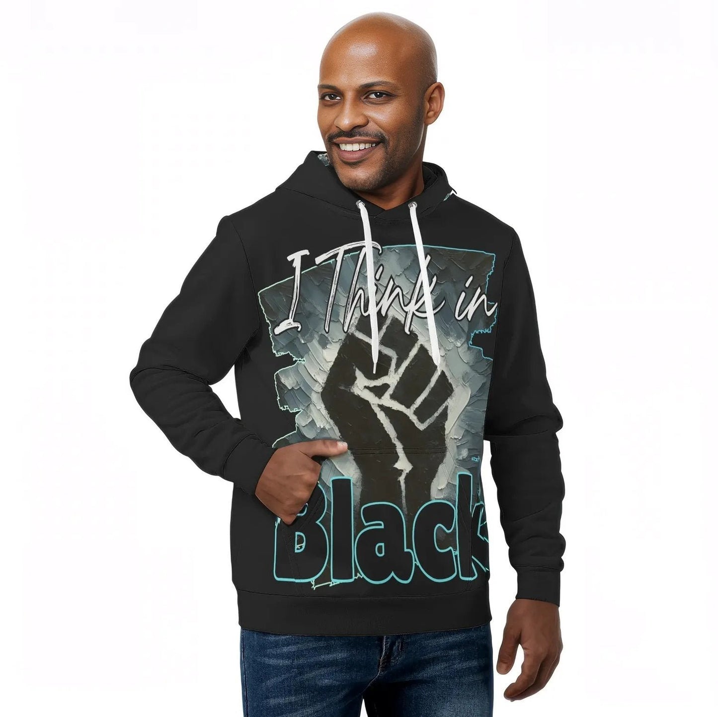 Mens All Over Print Warm Velvet Lined Hoodie "I Think in BLACK"