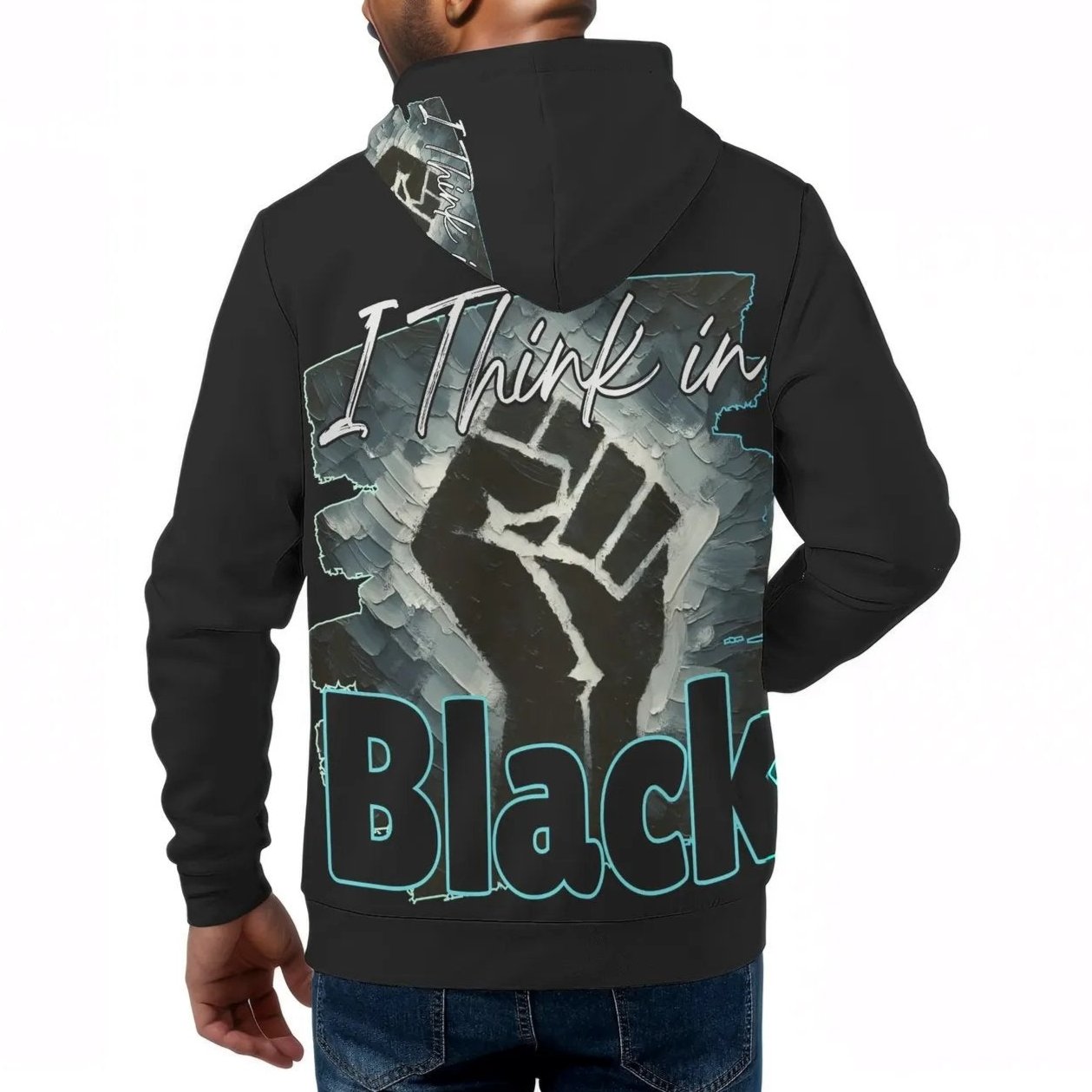 Mens All Over Print Warm Velvet Lined Hoodie "I Think in BLACK"