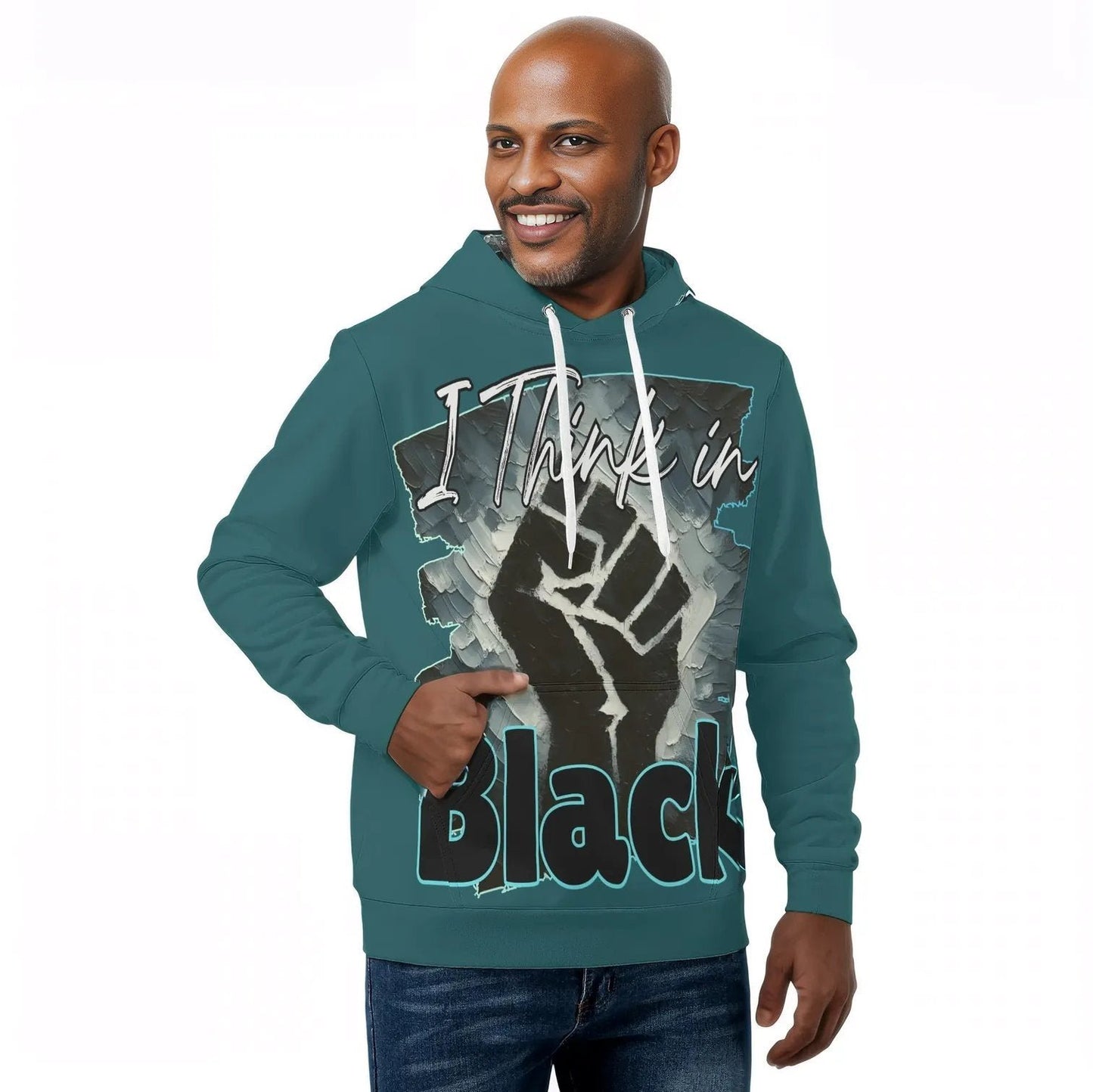 Mens All Over Print Warm Velvet Lined Hoodie "I Think in BLACK"