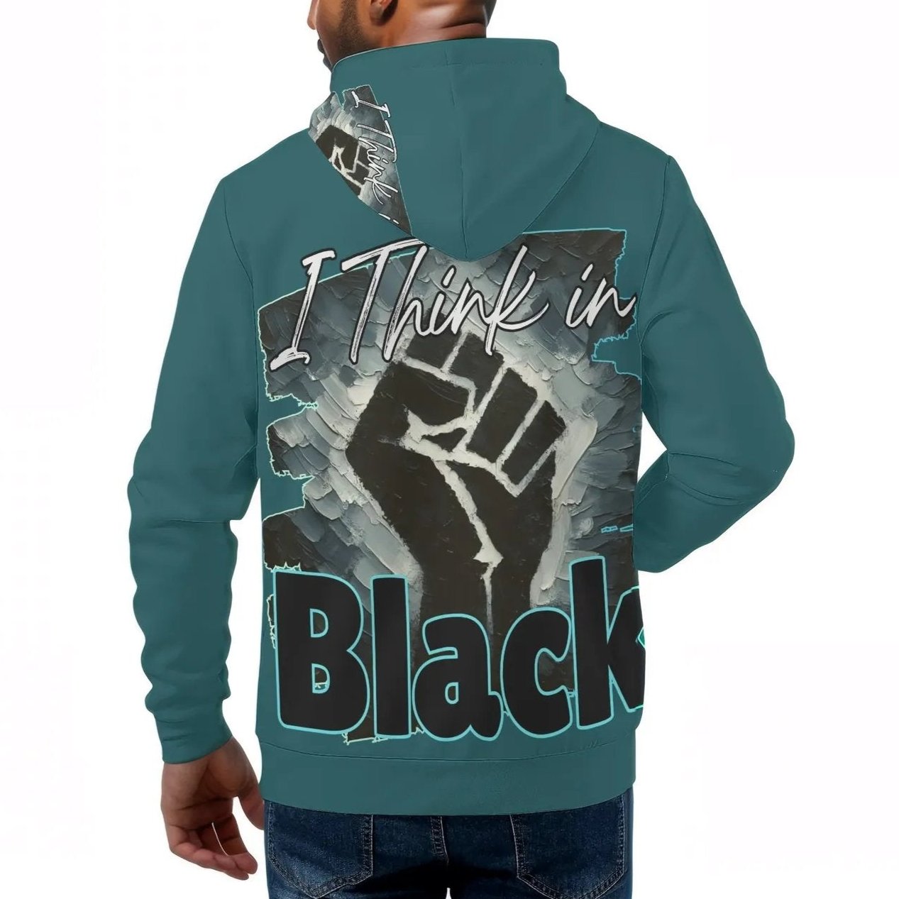 Mens All Over Print Warm Velvet Lined Hoodie "I Think in BLACK"