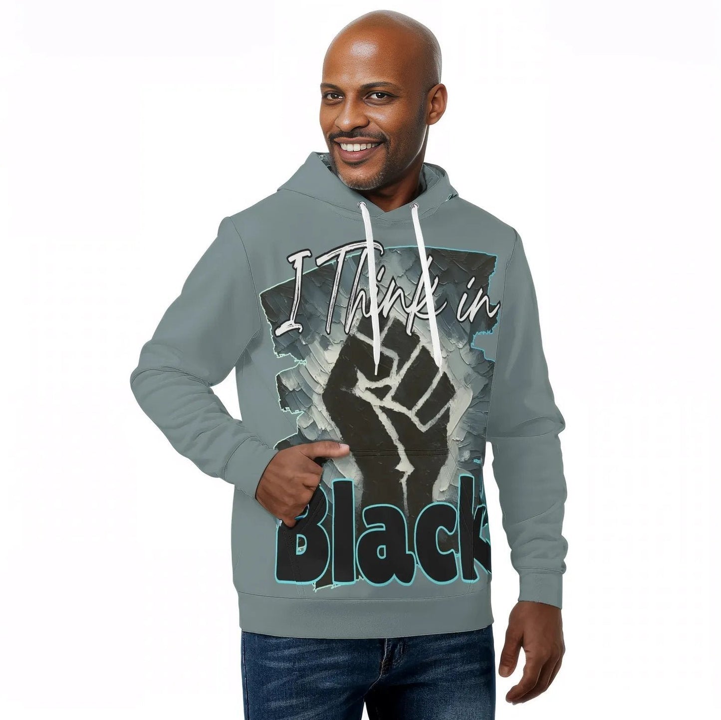 Mens All Over Print Warm Velvet Lined Hoodie "I Think in BLACK"