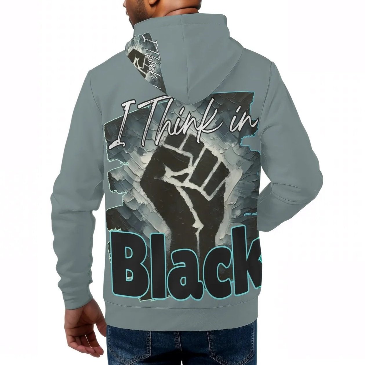 Mens All Over Print Warm Velvet Lined Hoodie "I Think in BLACK"