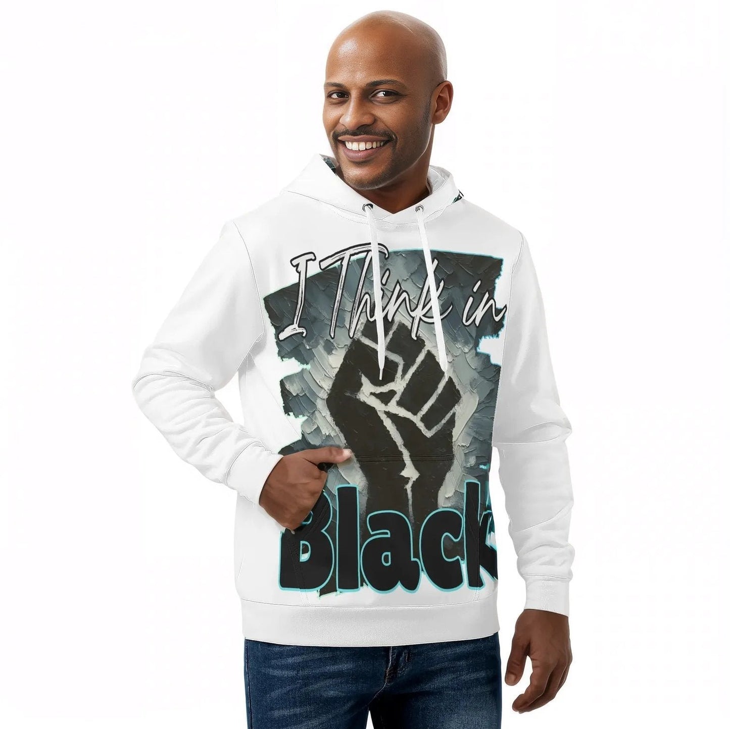 Mens All Over Print Warm Velvet Lined Hoodie "I Think in BLACK"