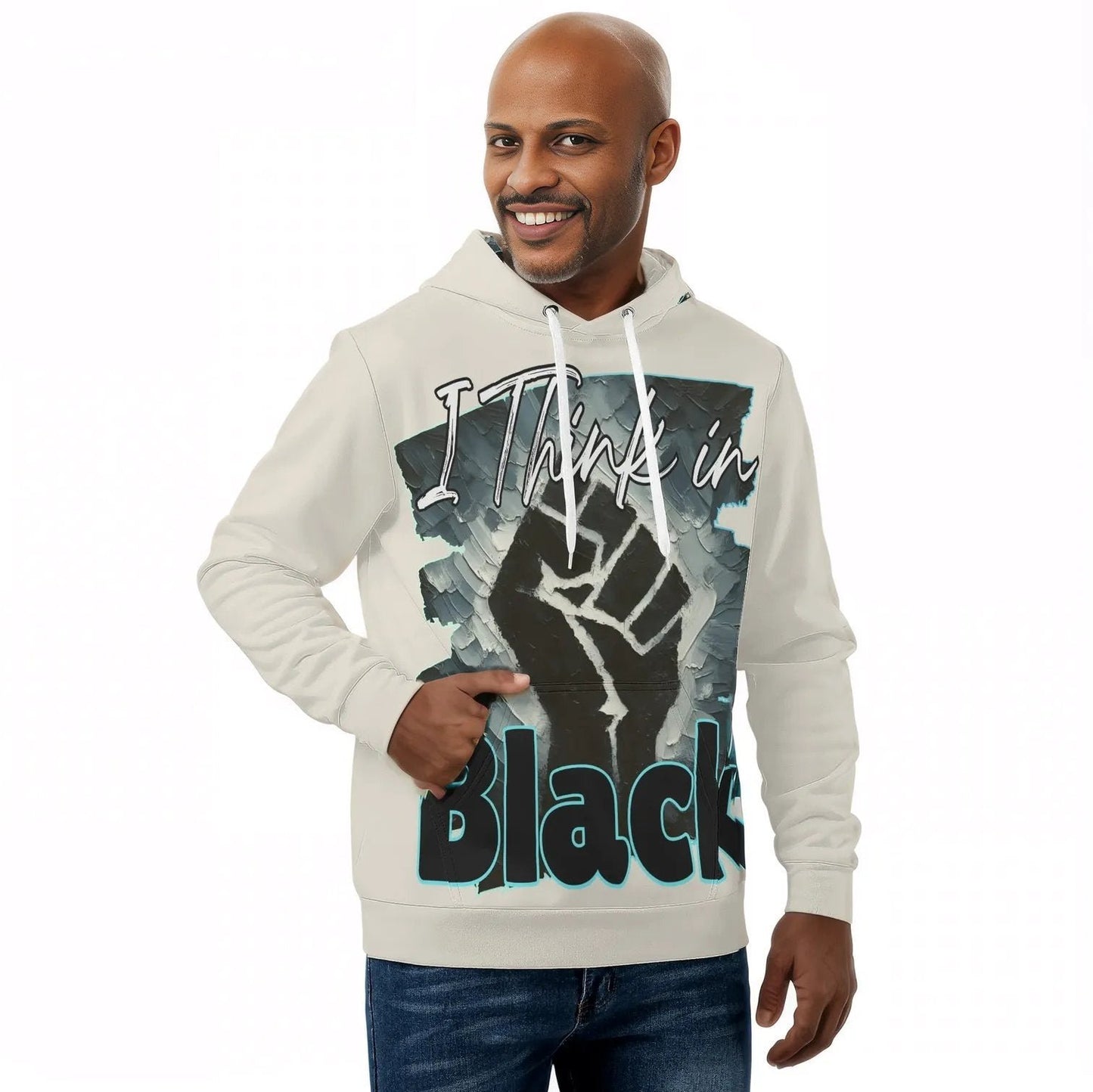 Mens All Over Print Warm Velvet Lined Hoodie "I Think in BLACK"