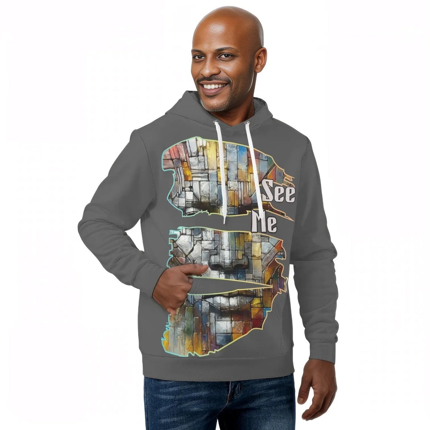 Mens All Over Print Warm Velvet Lined Hoodie "See Me"