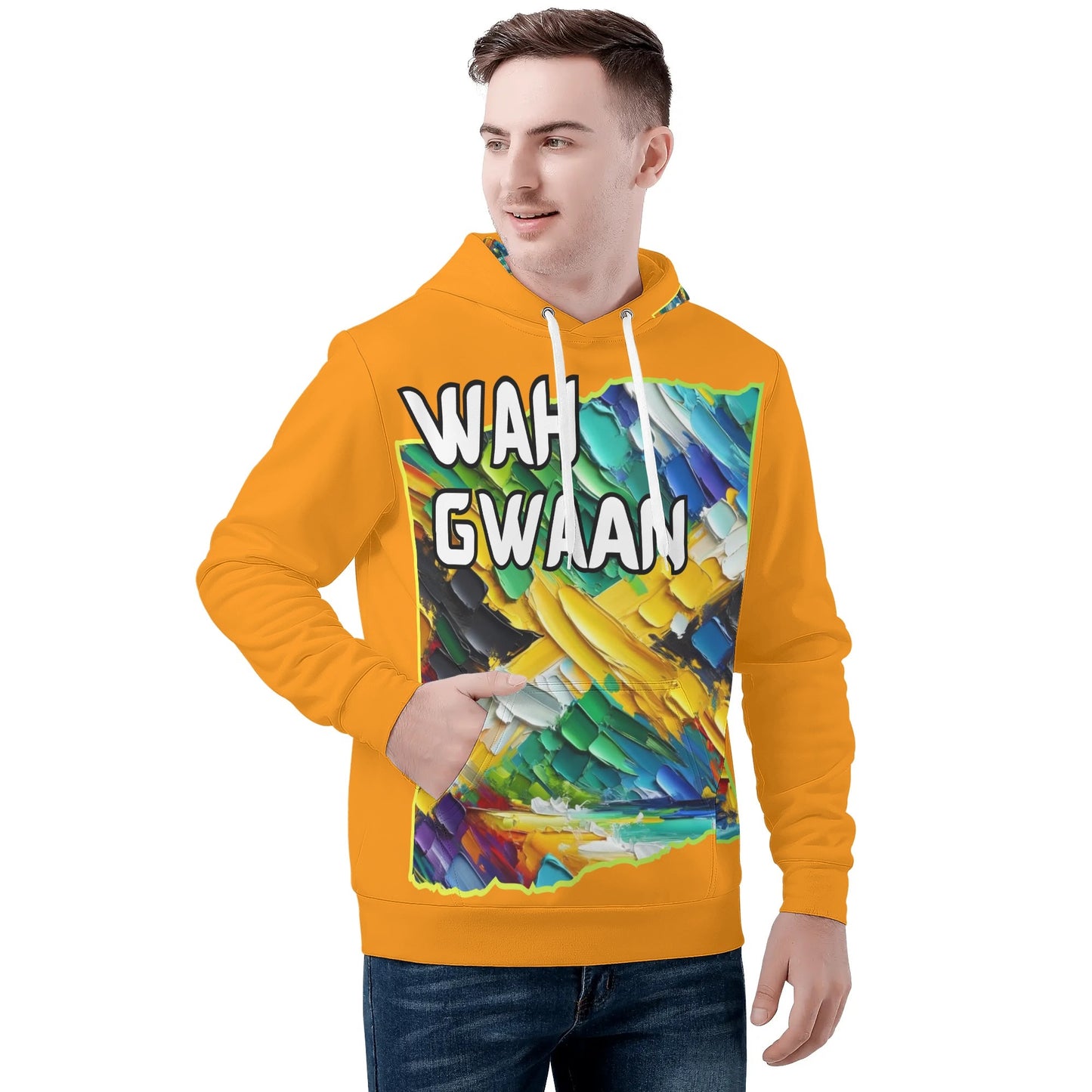 Mens All Over Print Warm Velvet Lined Hoodie "Wah Gwaan, Bless Up" Jamaica Pride