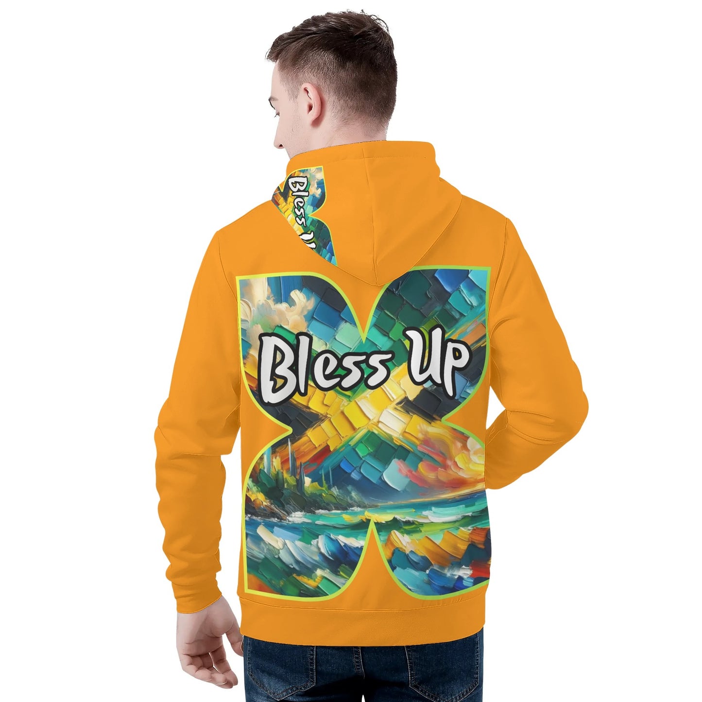 Mens All Over Print Warm Velvet Lined Hoodie "Wah Gwaan, Bless Up" Jamaica Pride