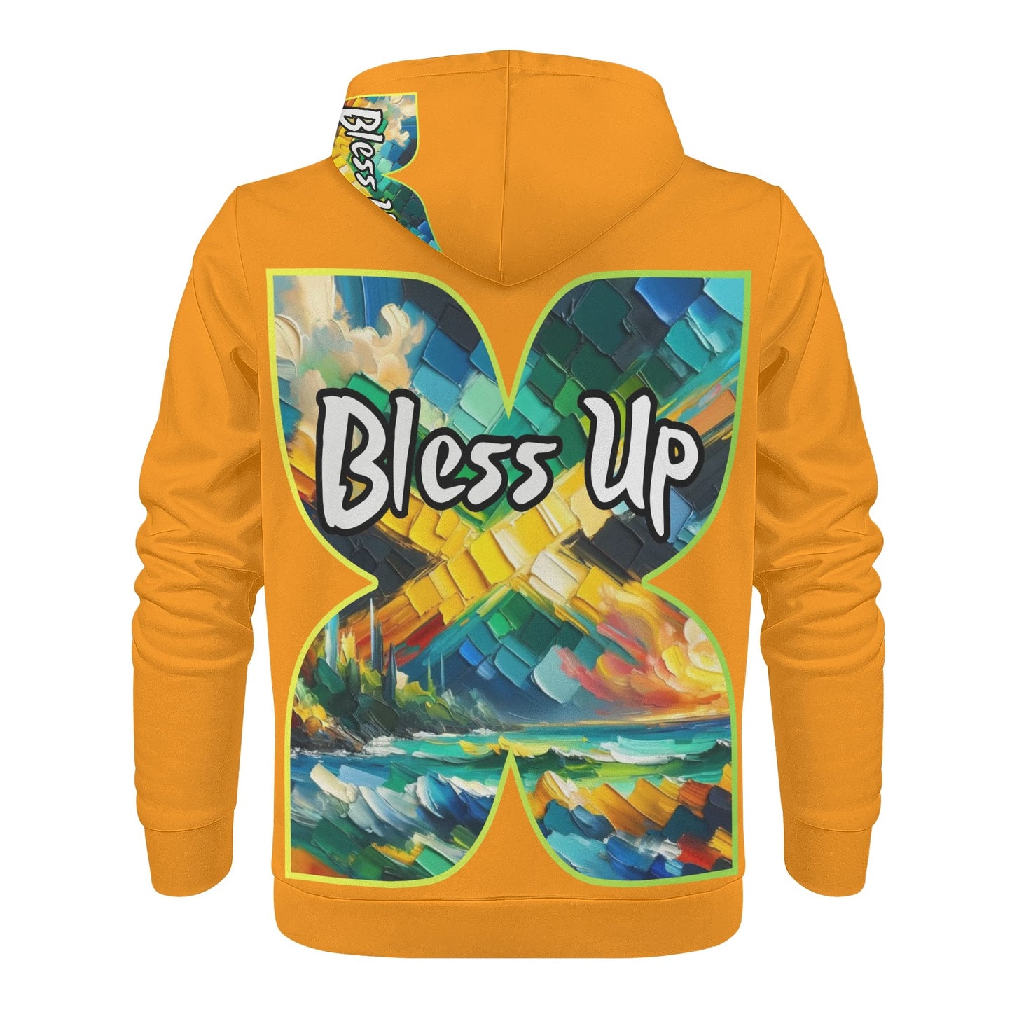 Mens All Over Print Warm Velvet Lined Hoodie "Wah Gwaan, Bless Up" Jamaica Pride