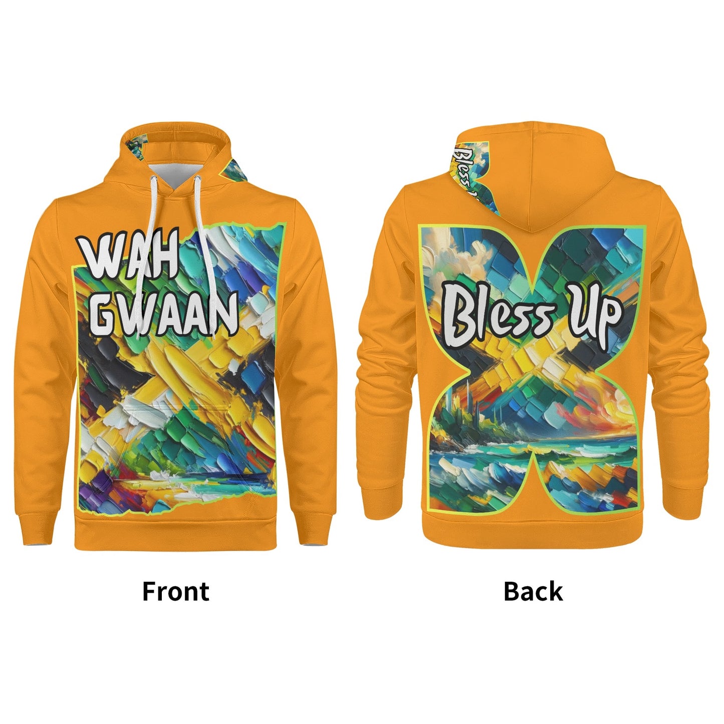 Mens All Over Print Warm Velvet Lined Hoodie "Wah Gwaan, Bless Up" Jamaica Pride