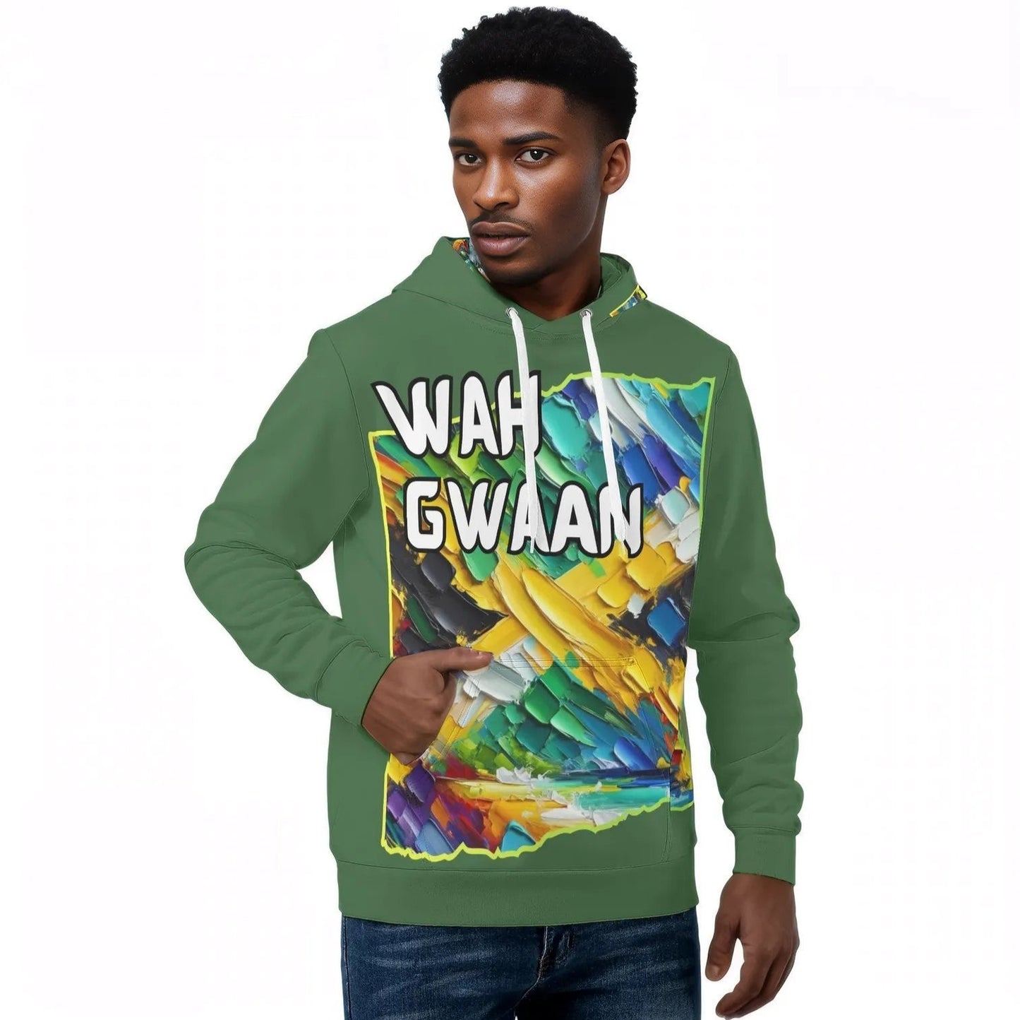 Mens All Over Print Warm Velvet Lined Hoodie "Wah Gwaan, Bless Up" Jamaica Pride