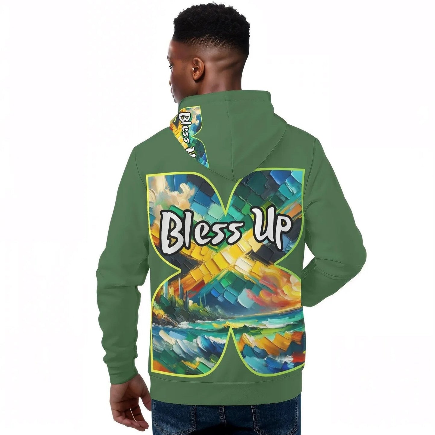 Mens All Over Print Warm Velvet Lined Hoodie "Wah Gwaan, Bless Up" Jamaica Pride