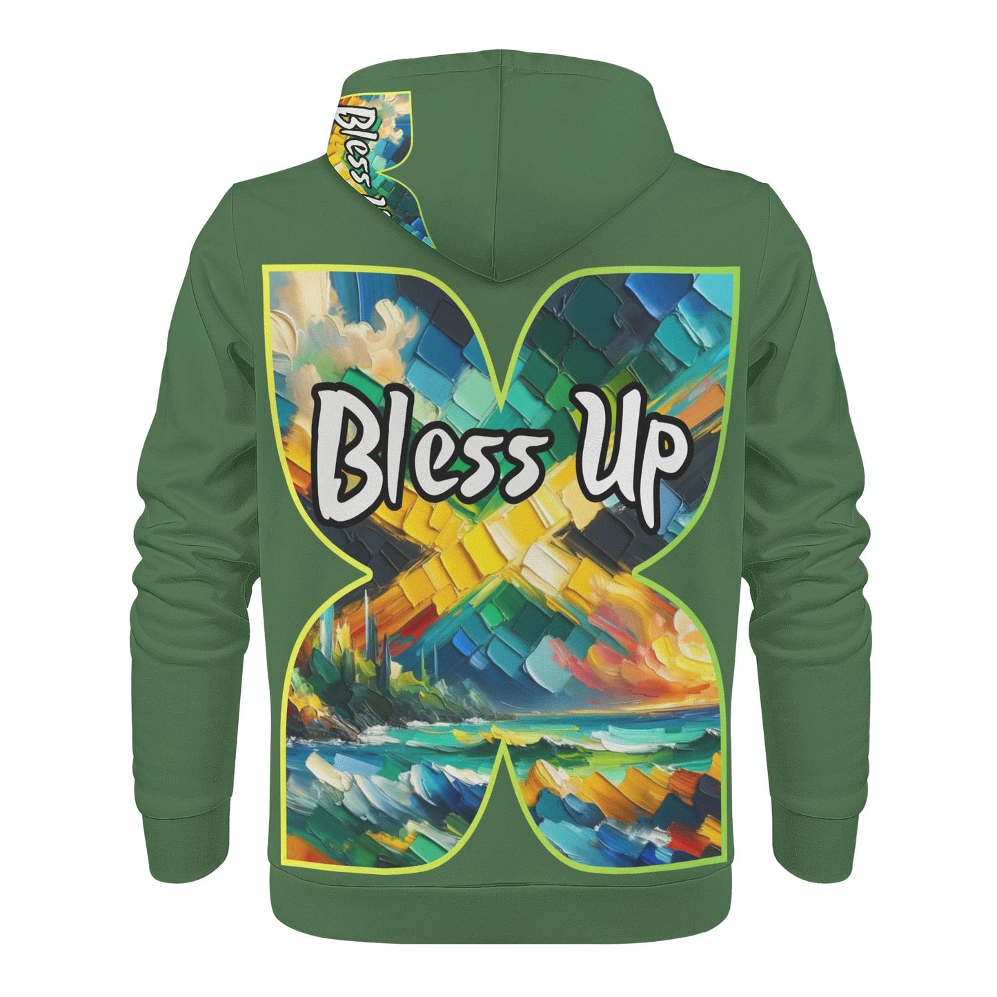 Mens All Over Print Warm Velvet Lined Hoodie "Wah Gwaan, Bless Up" Jamaica Pride