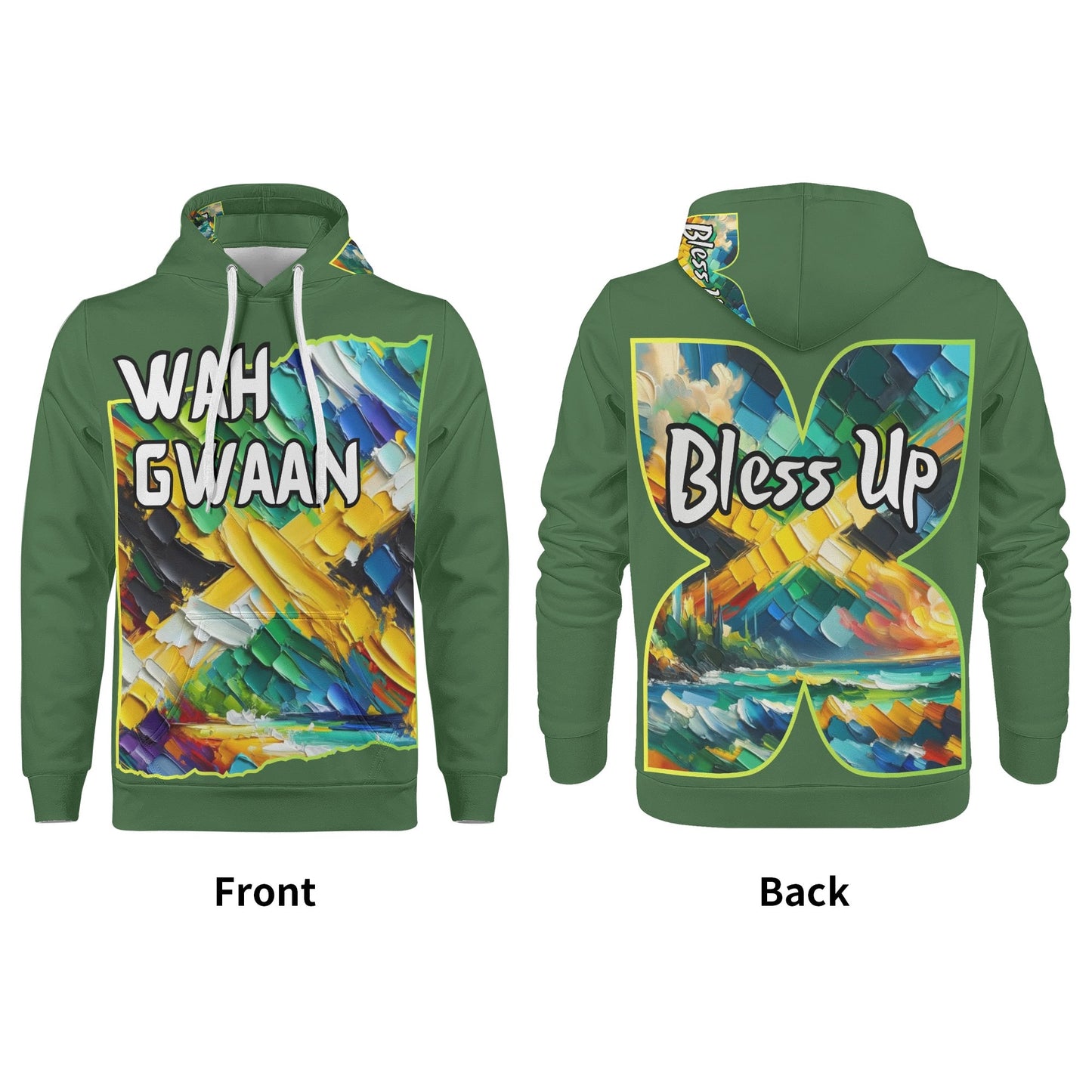 Mens All Over Print Warm Velvet Lined Hoodie "Wah Gwaan, Bless Up" Jamaica Pride