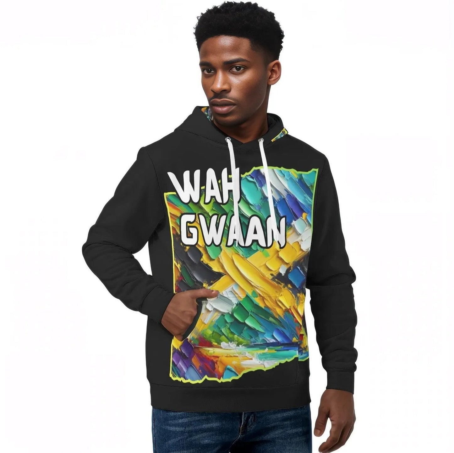 Mens All Over Print Warm Velvet Lined Hoodie "Wah Gwaan, Bless Up" Jamaica Pride