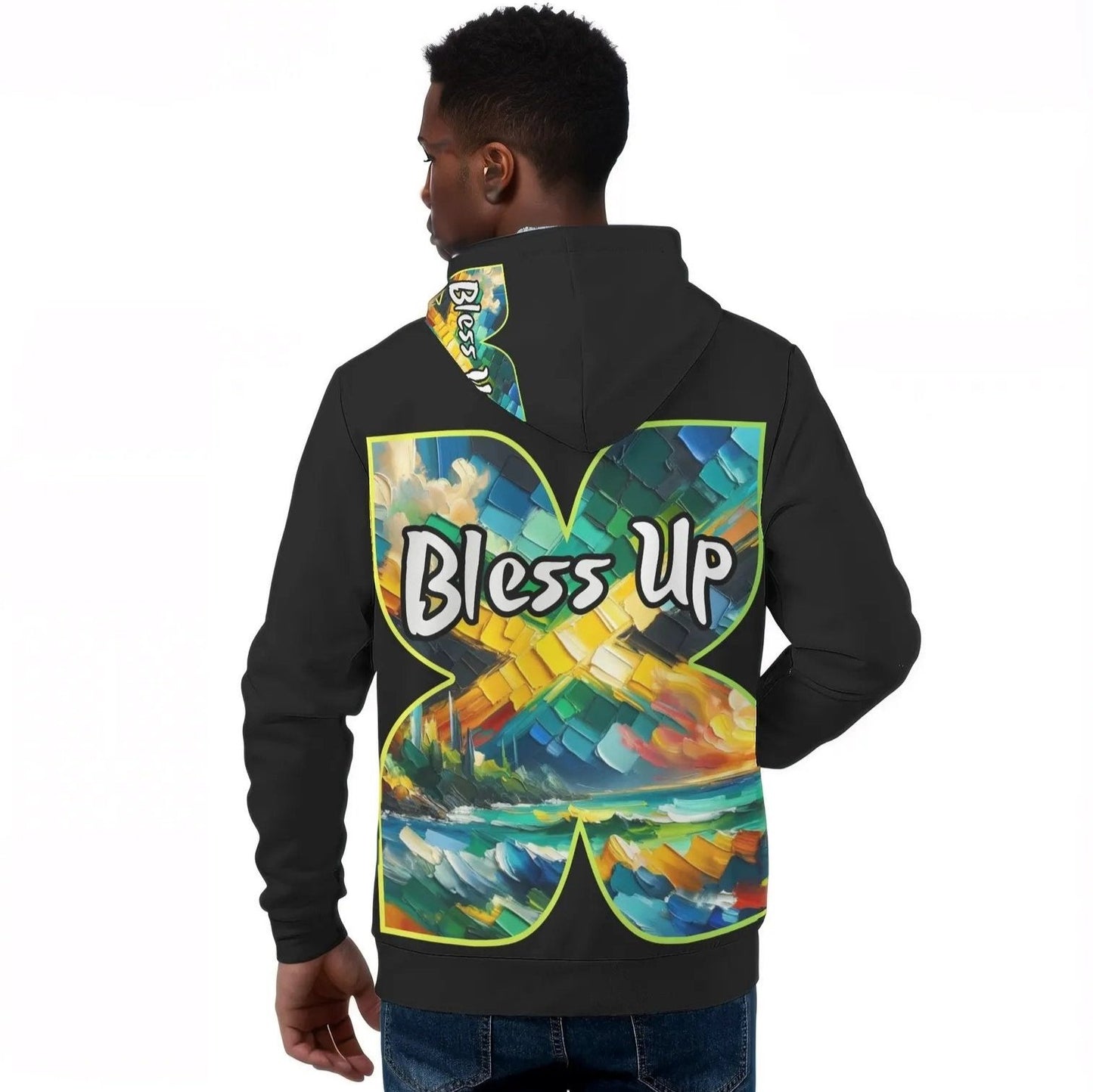 Mens All Over Print Warm Velvet Lined Hoodie "Wah Gwaan, Bless Up" Jamaica Pride