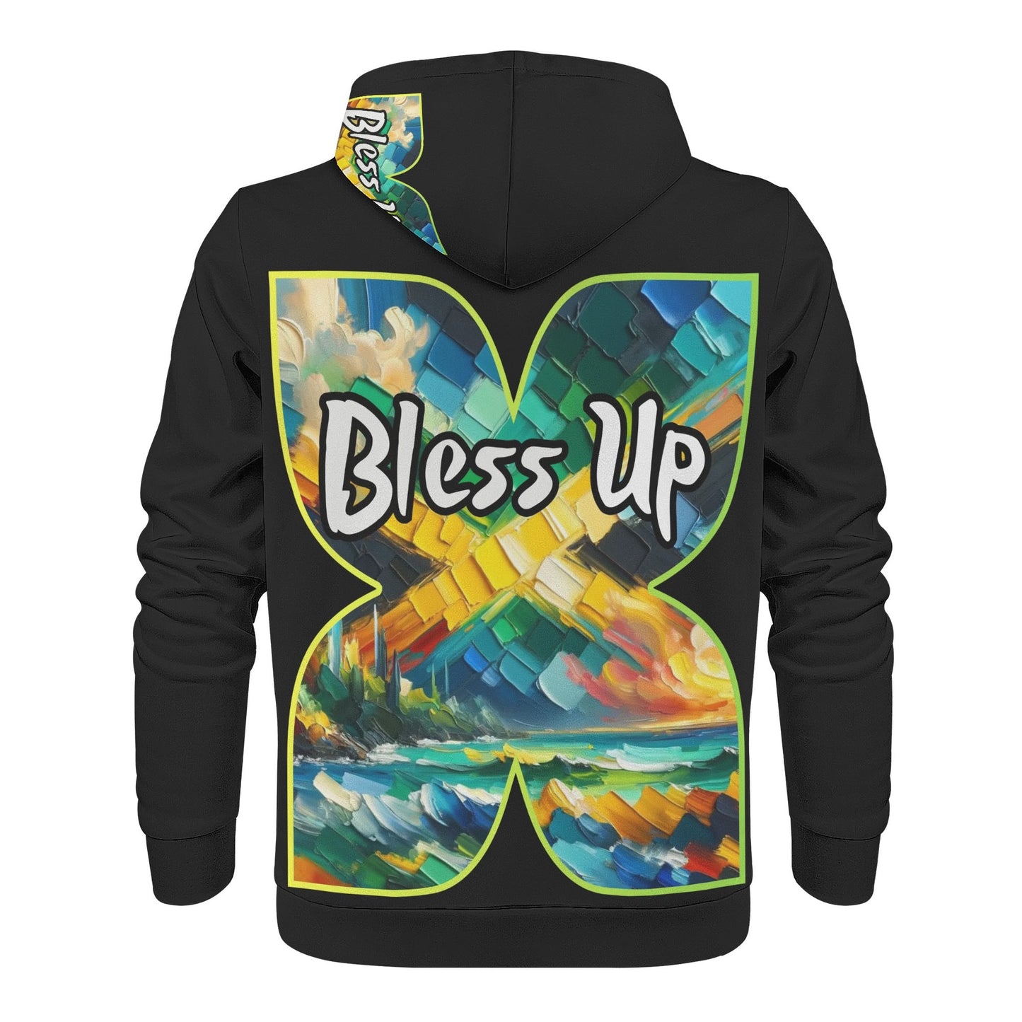 Mens All Over Print Warm Velvet Lined Hoodie "Wah Gwaan, Bless Up" Jamaica Pride