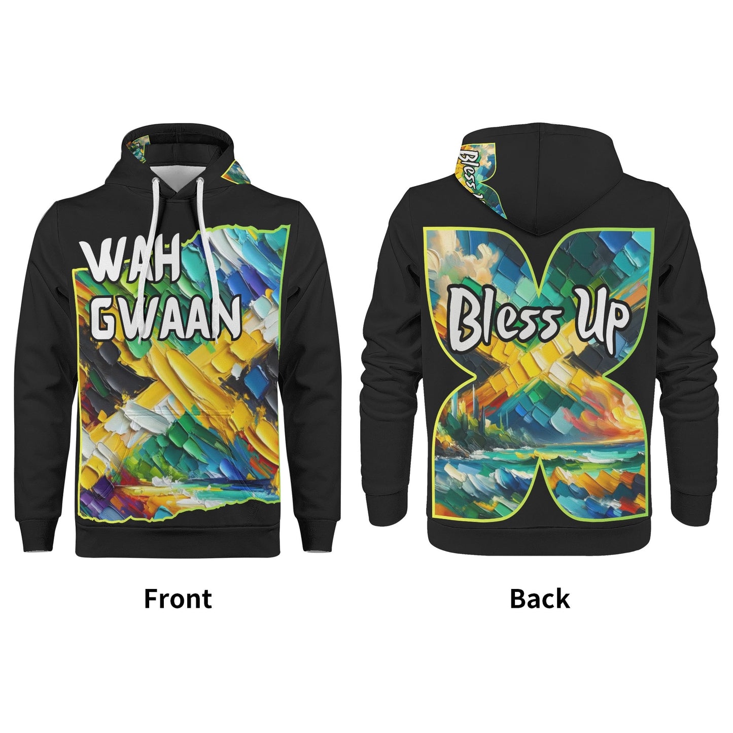 Mens All Over Print Warm Velvet Lined Hoodie "Wah Gwaan, Bless Up" Jamaica Pride