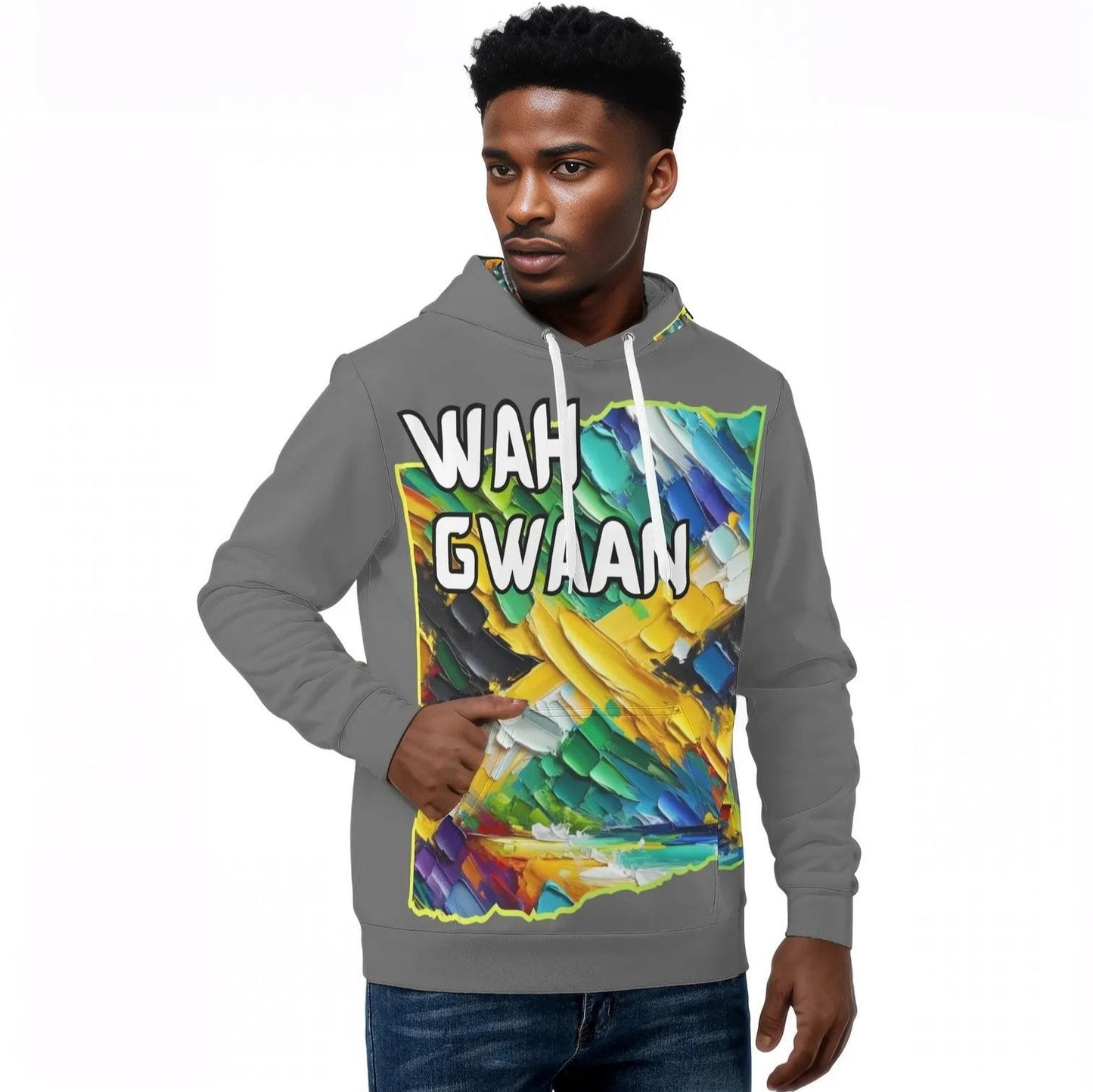 Mens All Over Print Warm Velvet Lined Hoodie "Wah Gwaan, Bless Up" Jamaica Pride