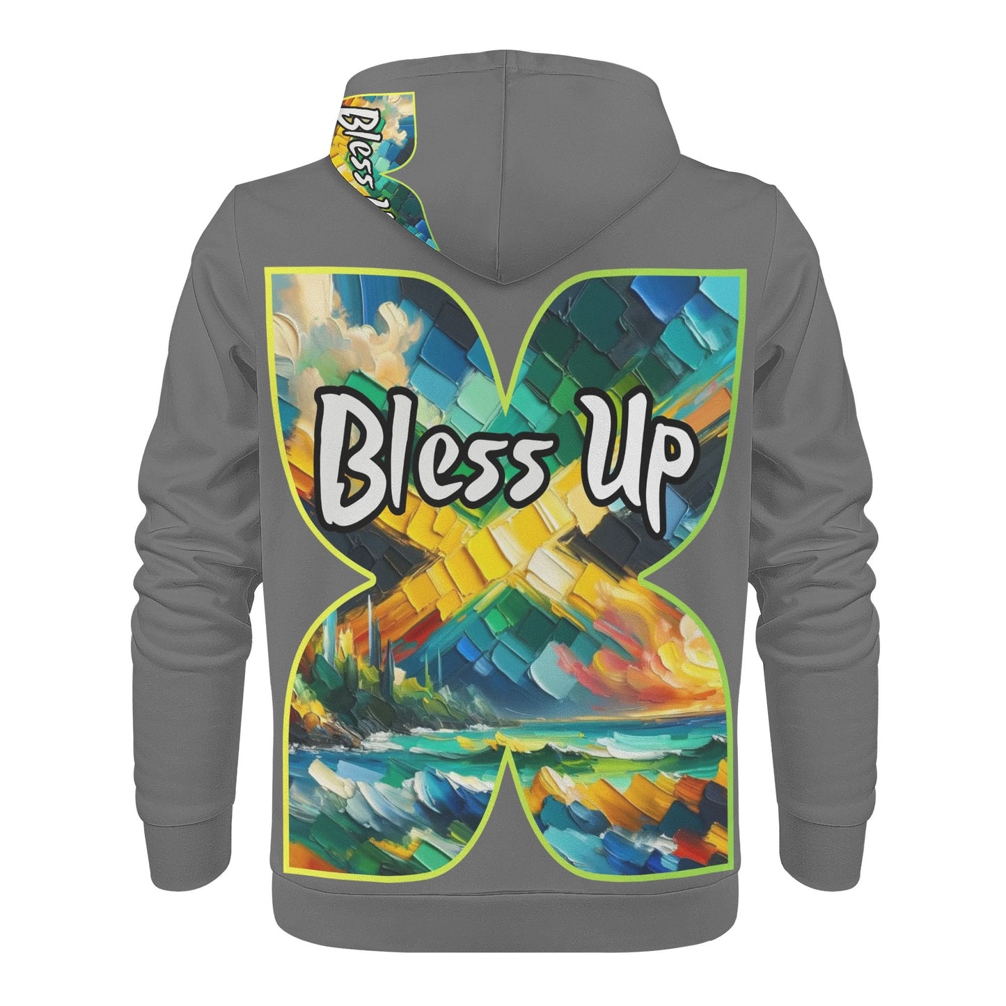 Mens All Over Print Warm Velvet Lined Hoodie "Wah Gwaan, Bless Up" Jamaica Pride