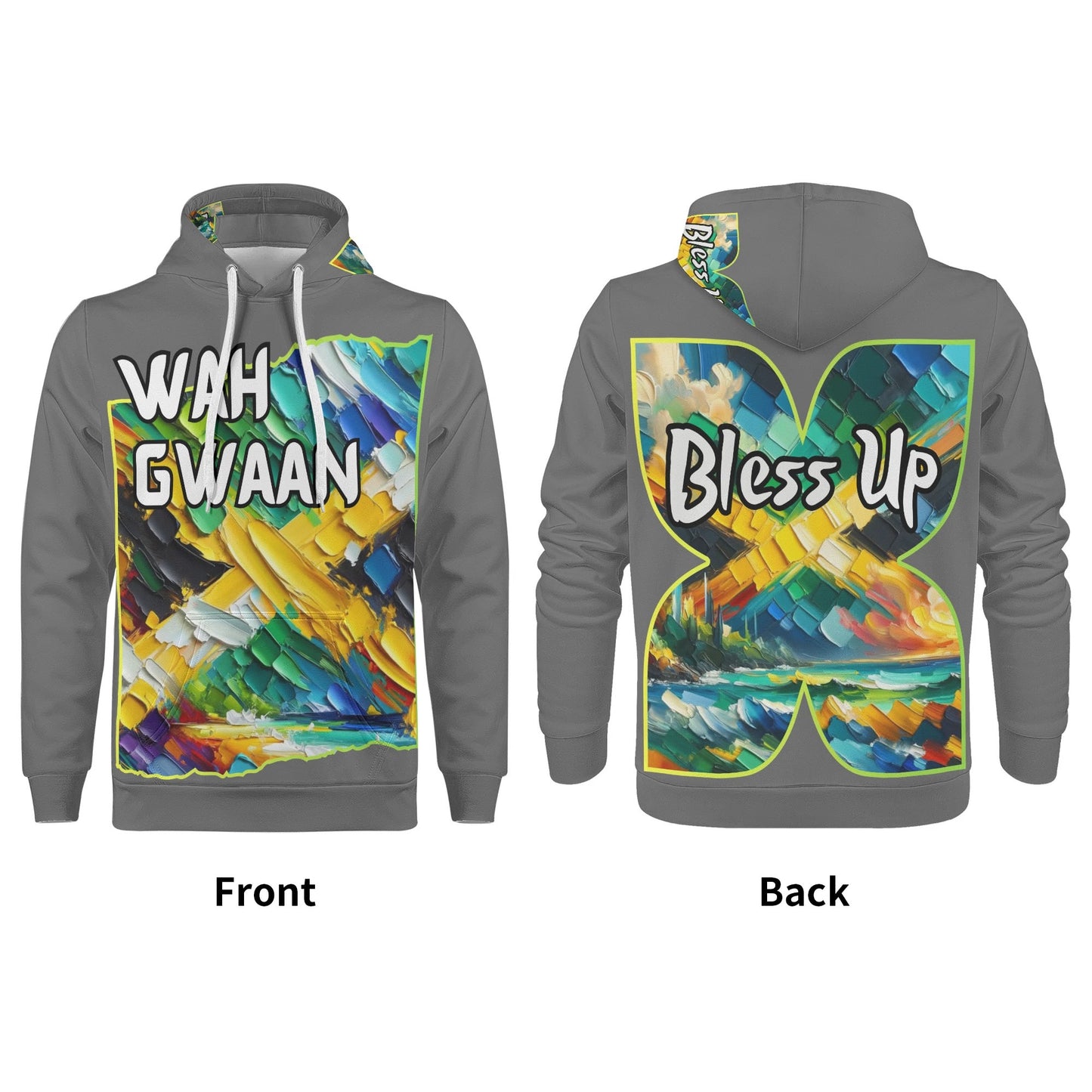 Mens All Over Print Warm Velvet Lined Hoodie "Wah Gwaan, Bless Up" Jamaica Pride