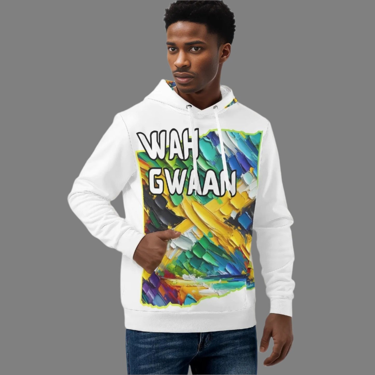 Mens All Over Print Warm Velvet Lined Hoodie "Wah Gwaan, Bless Up" Jamaica Pride