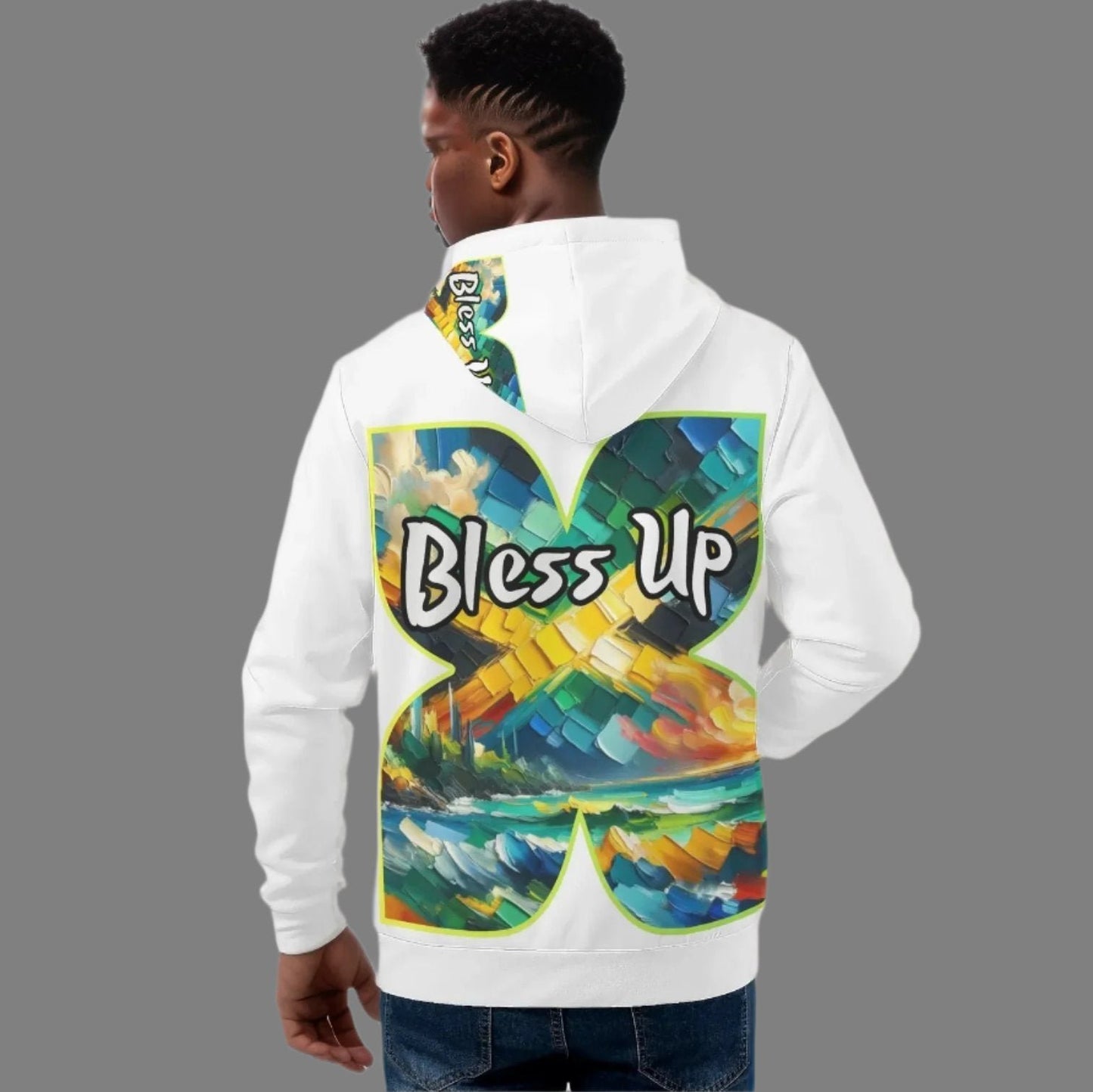 Mens All Over Print Warm Velvet Lined Hoodie "Wah Gwaan, Bless Up" Jamaica Pride