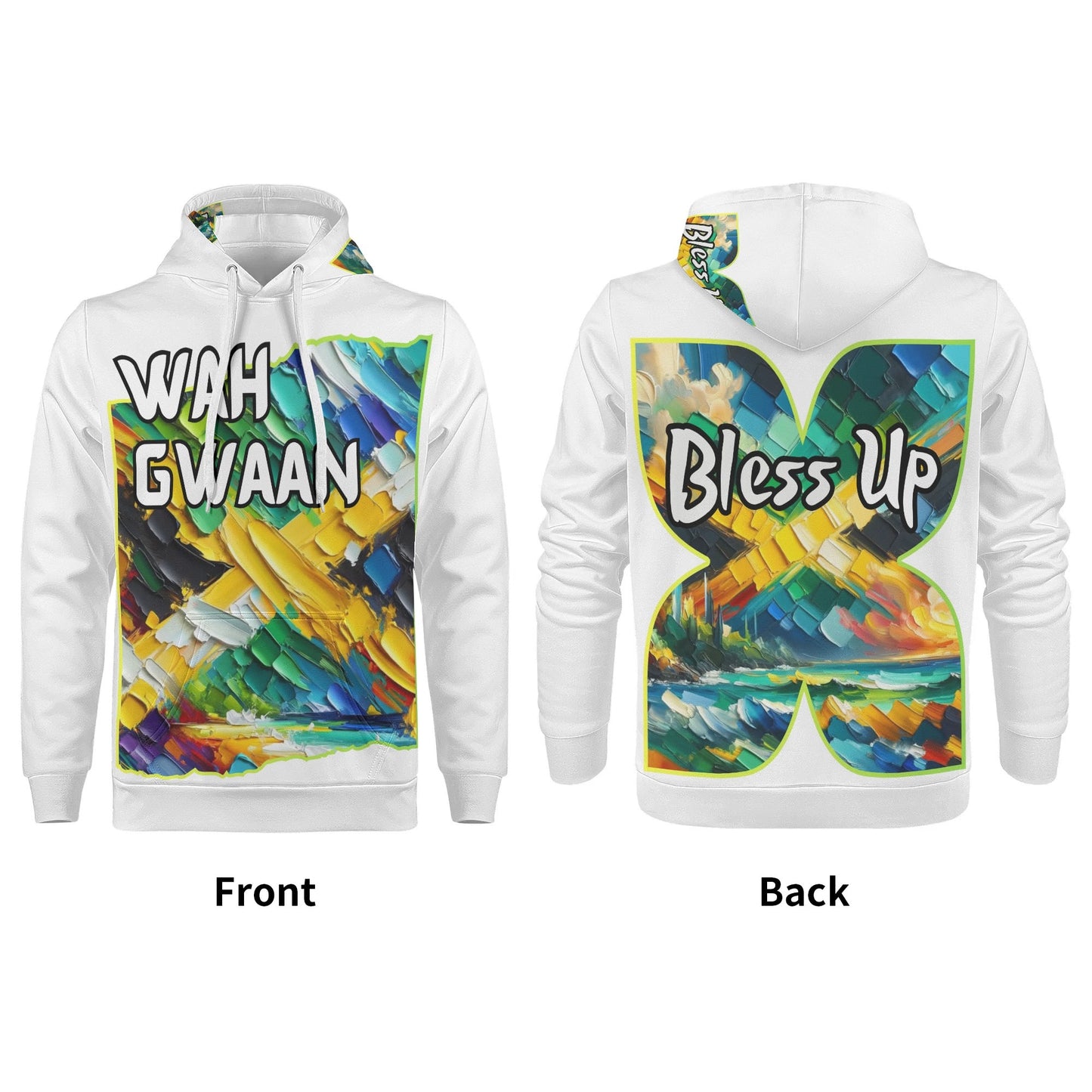 Mens All Over Print Warm Velvet Lined Hoodie "Wah Gwaan, Bless Up" Jamaica Pride