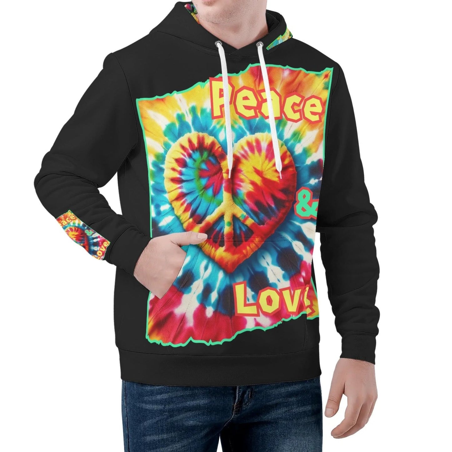 Mens All Over Print Warm Velvet Lined Hoodie "Peace & Love"