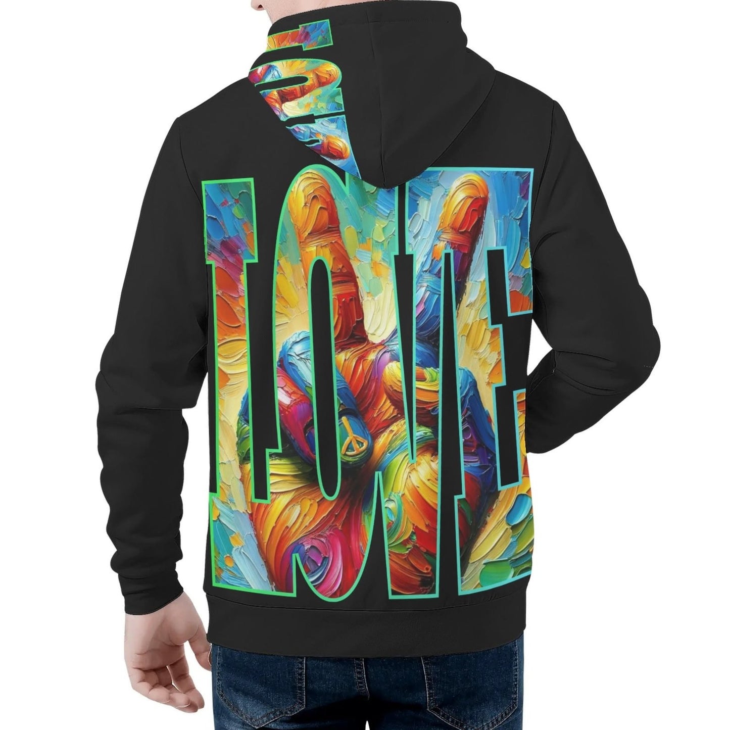 Mens All Over Print Warm Velvet Lined Hoodie "Peace & Love"