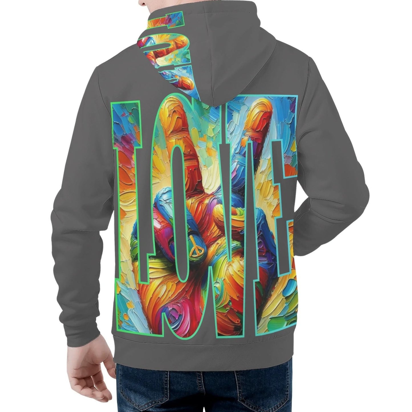 Mens All Over Print Warm Velvet Lined Hoodie "Peace & Love"