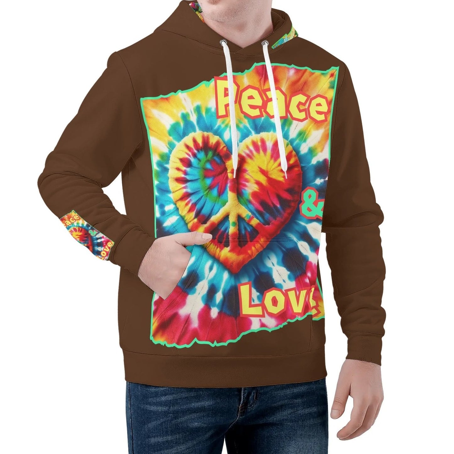 Mens All Over Print Warm Velvet Lined Hoodie "Peace & Love"