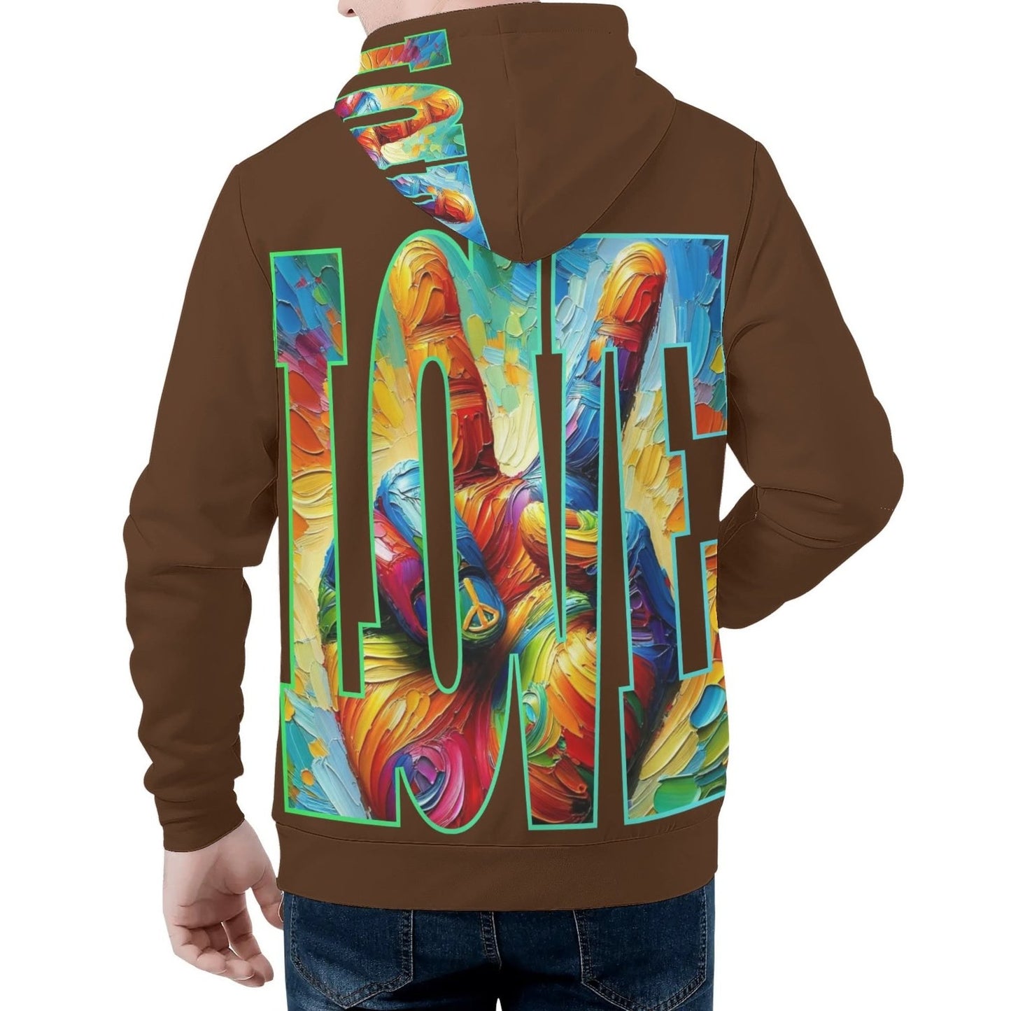 Mens All Over Print Warm Velvet Lined Hoodie "Peace & Love"