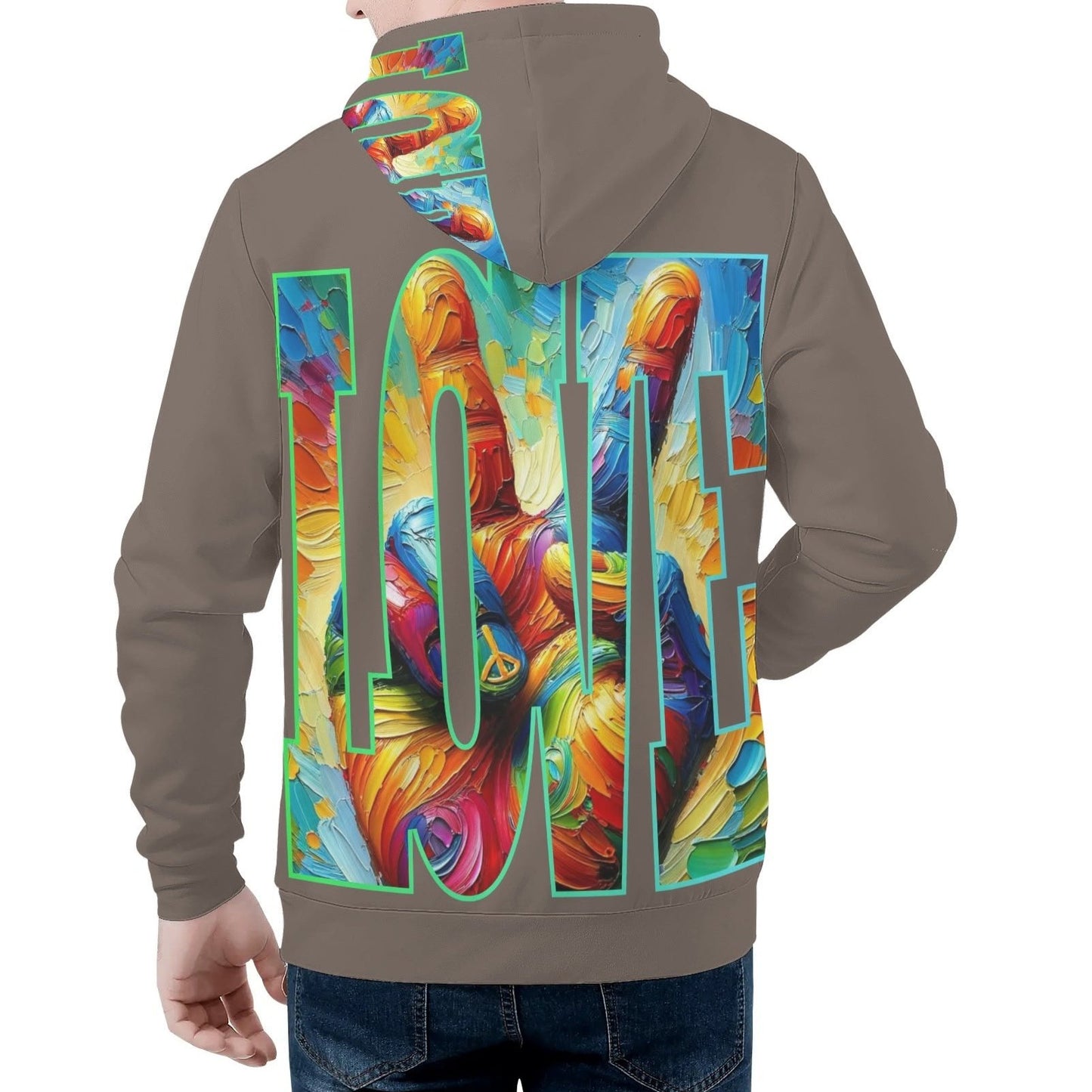 Mens All Over Print Warm Velvet Lined Hoodie "Peace & Love"