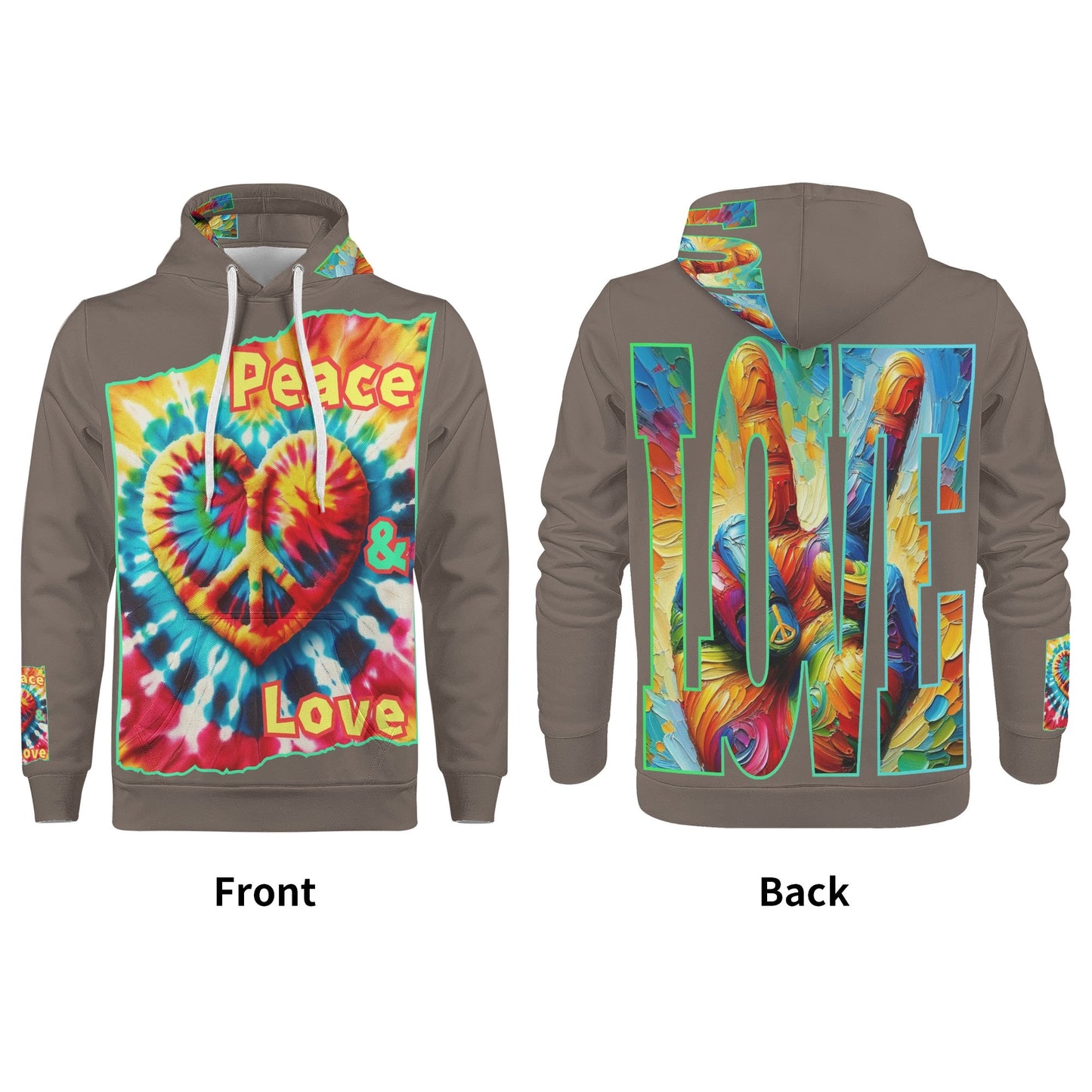 Mens All Over Print Warm Velvet Lined Hoodie "Peace & Love"