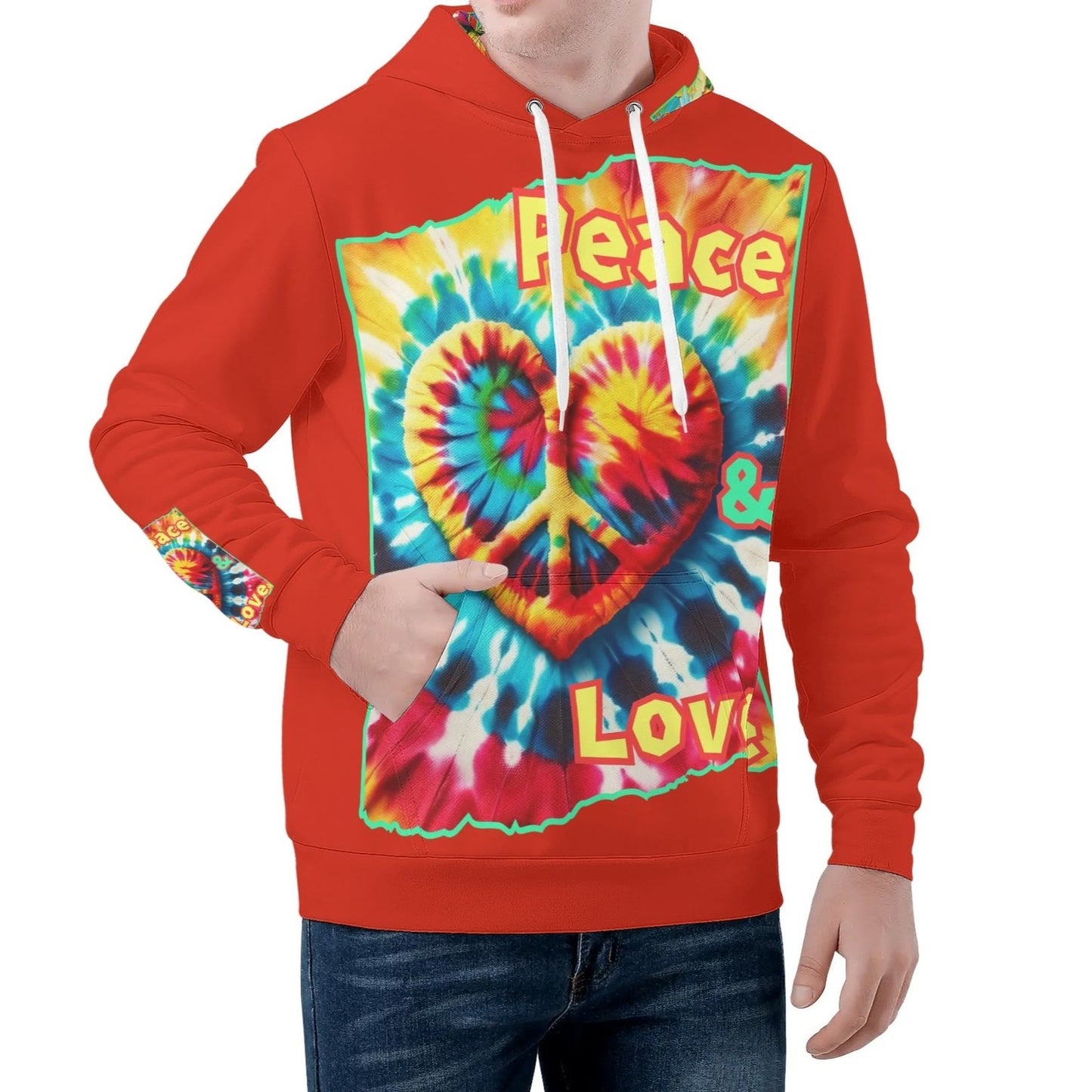 Mens All Over Print Warm Velvet Lined Hoodie "Peace & Love"