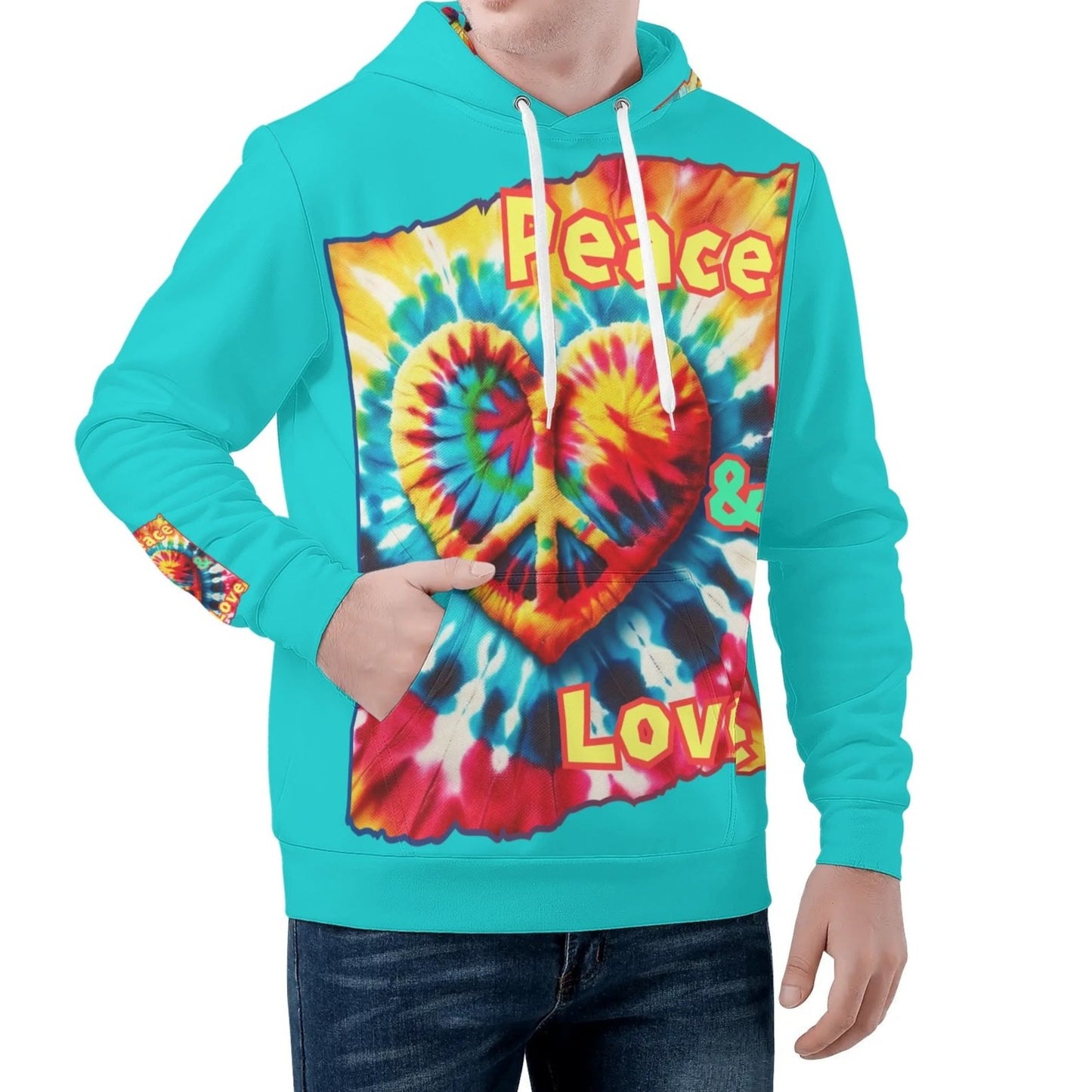 Mens All Over Print Warm Velvet Lined Hoodie "Peace & Love"