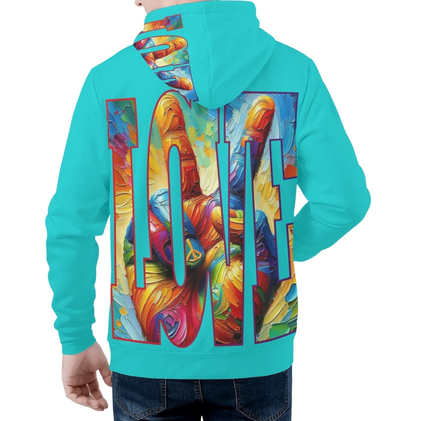 Mens All Over Print Warm Velvet Lined Hoodie "Peace & Love"