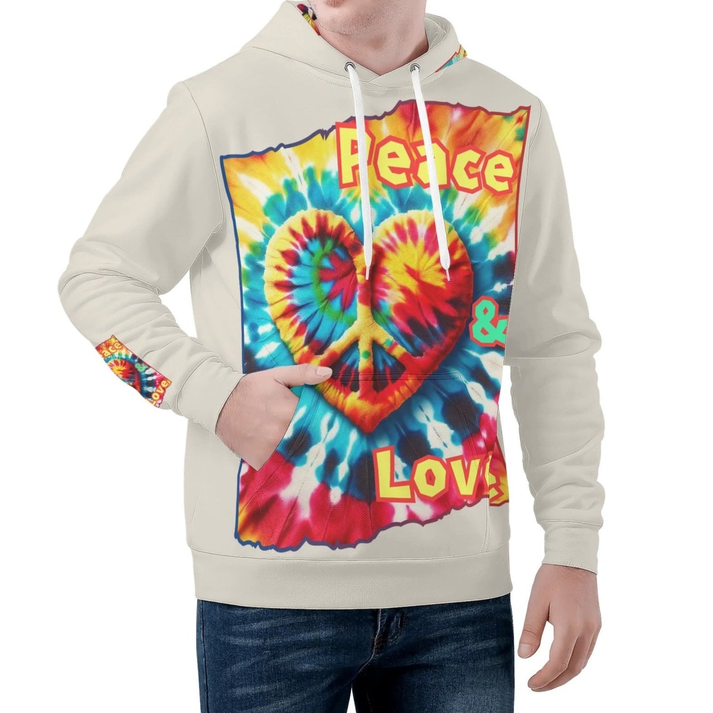 Mens All Over Print Warm Velvet Lined Hoodie "Peace & Love"