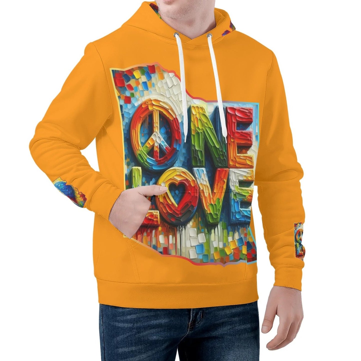 Mens All Over Print Warm Velvet Lined Hoodie "Peace & Love"