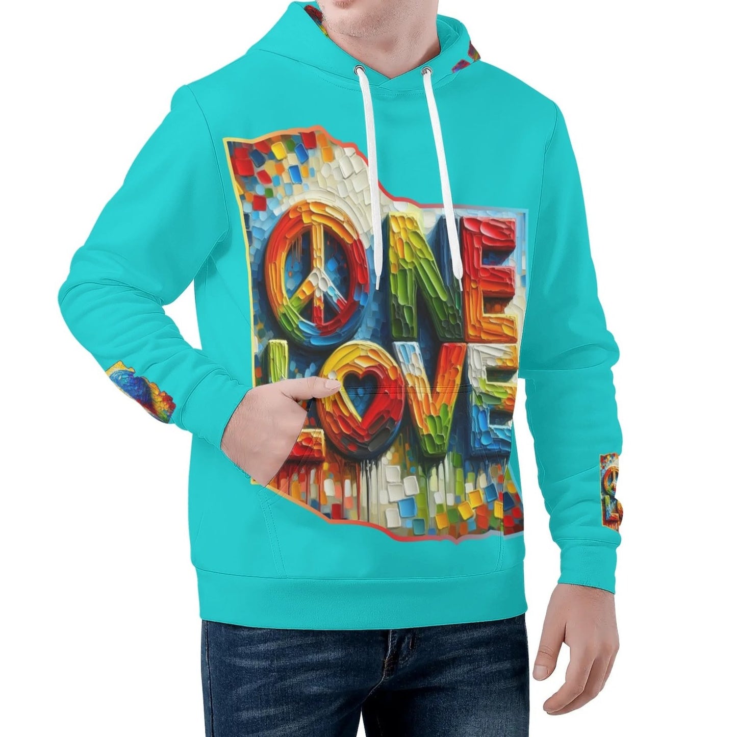 Mens All Over Print Warm Velvet Lined Hoodie "Peace & Love"