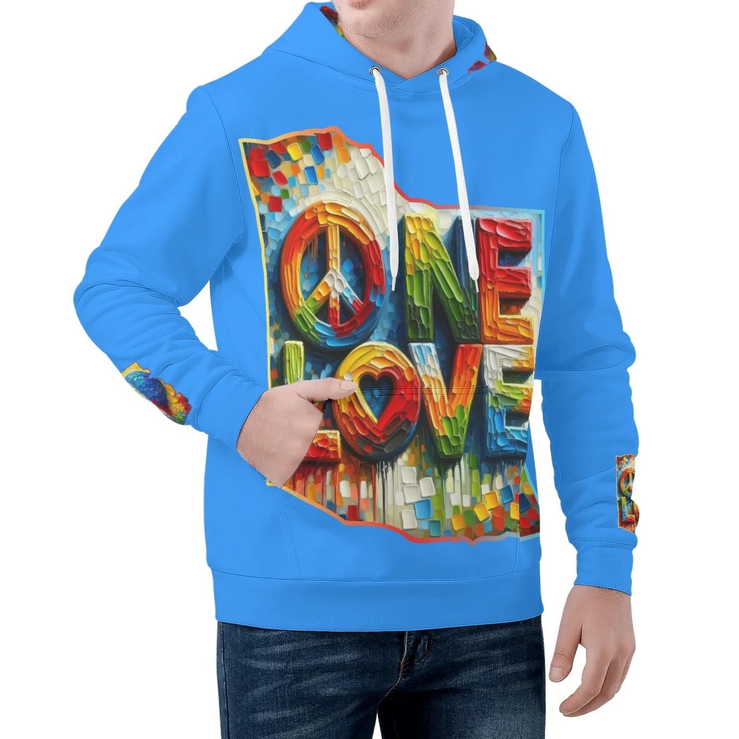 Mens All Over Print Warm Velvet Lined Hoodie "Peace & Love"